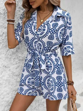 1950s Shirt Neck Print Belted Romper