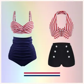 1950s Striped Colorblock Retro Bikini Set