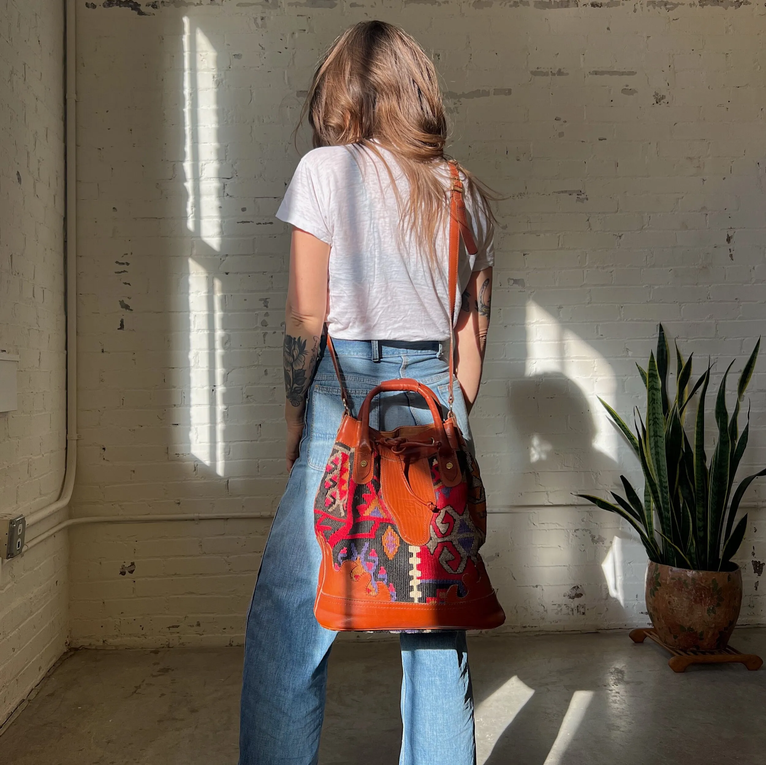 90s Turkish Kilim Wool & Leather Bucket Bag-