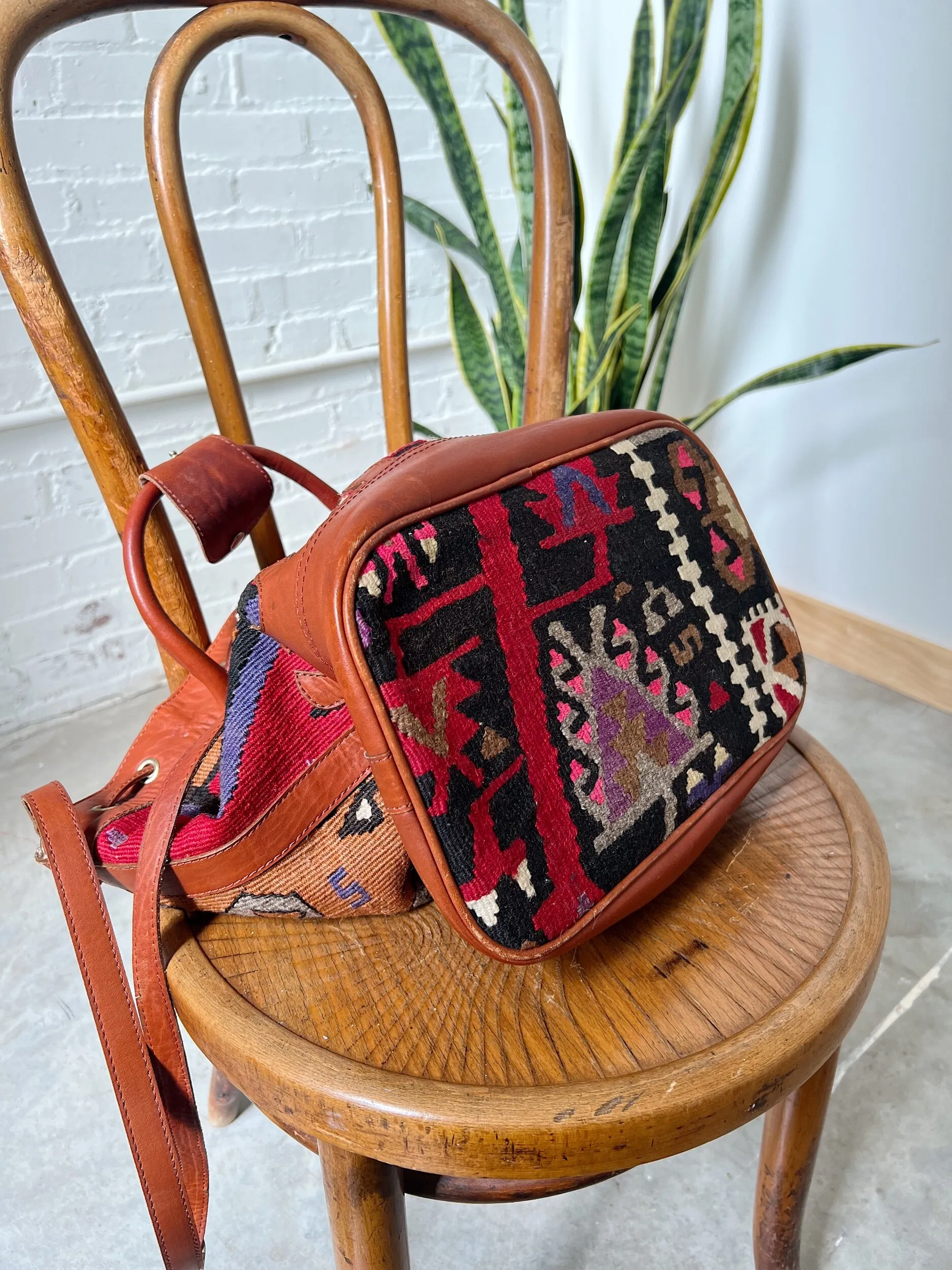 90s Turkish Kilim Wool & Leather Bucket Bag-