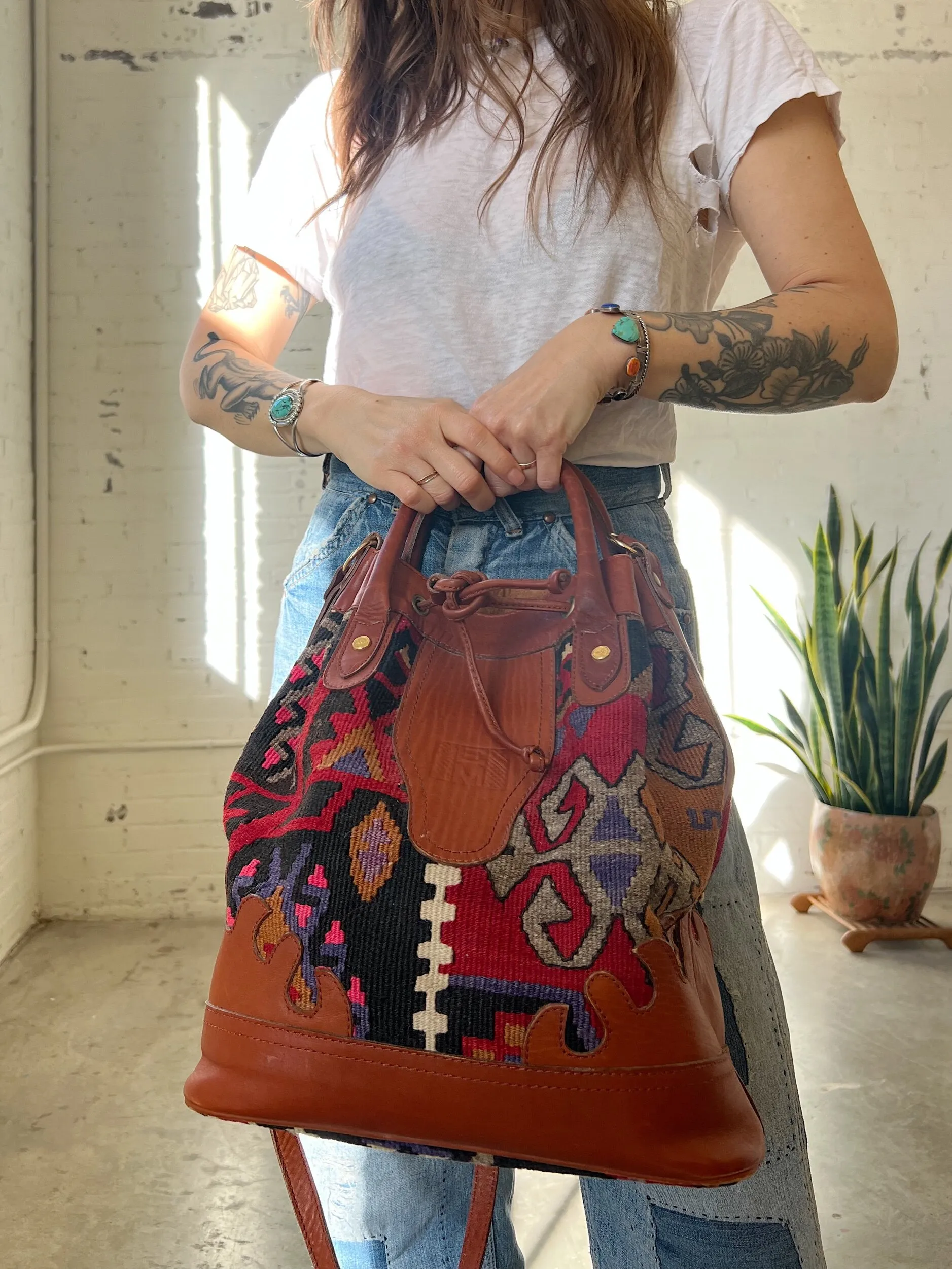 90s Turkish Kilim Wool & Leather Bucket Bag-