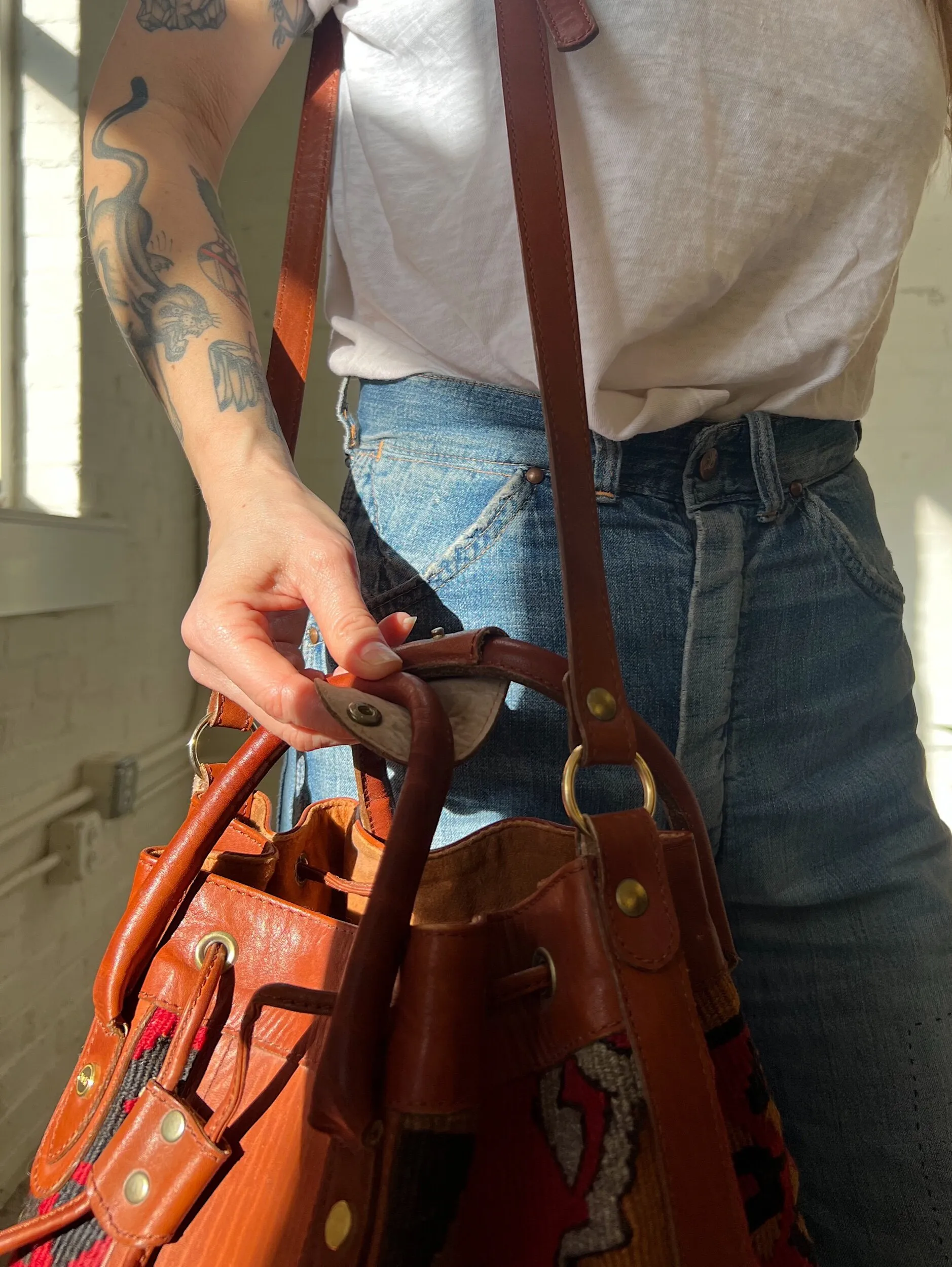 90s Turkish Kilim Wool & Leather Bucket Bag-