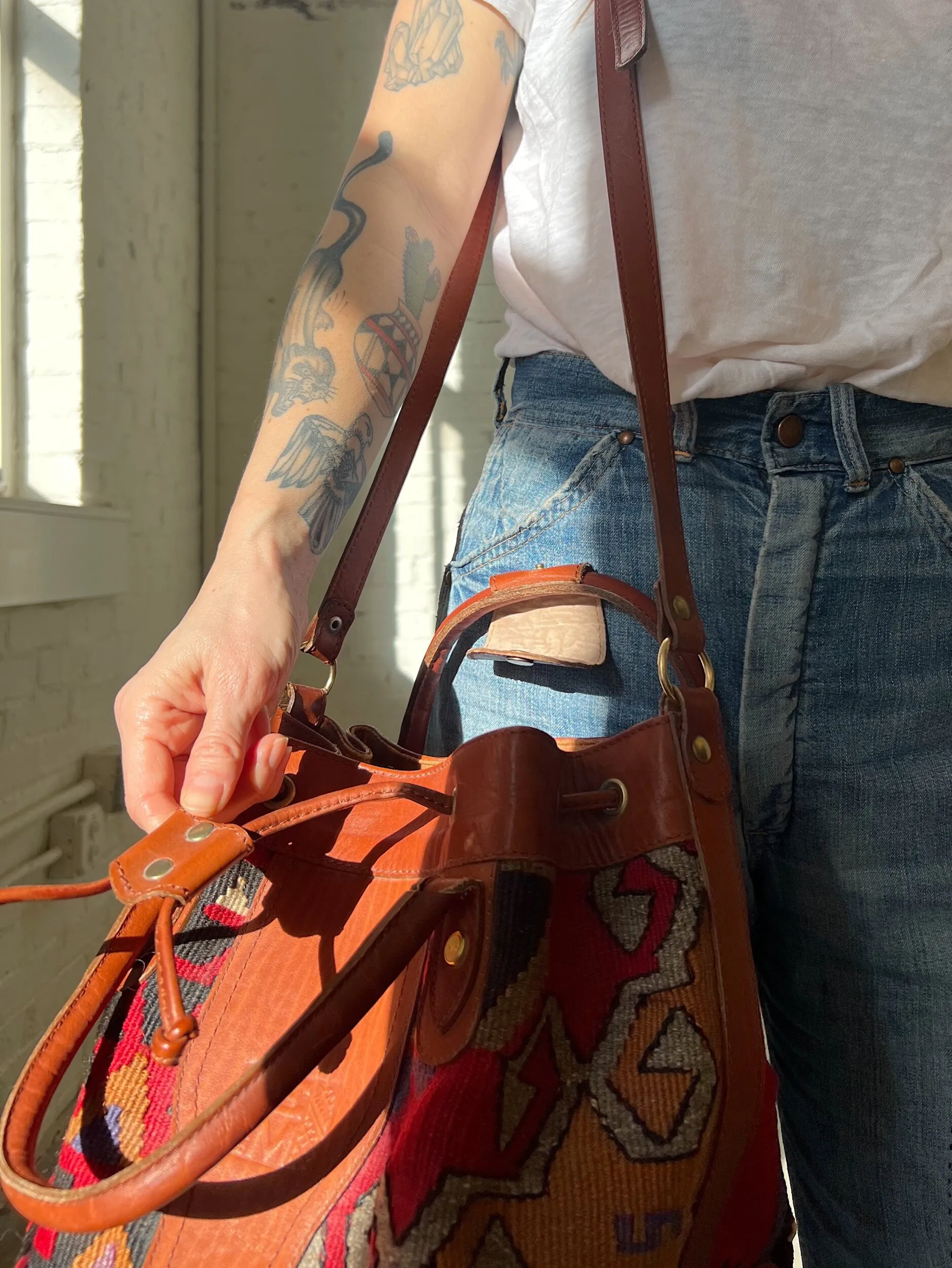 90s Turkish Kilim Wool & Leather Bucket Bag-