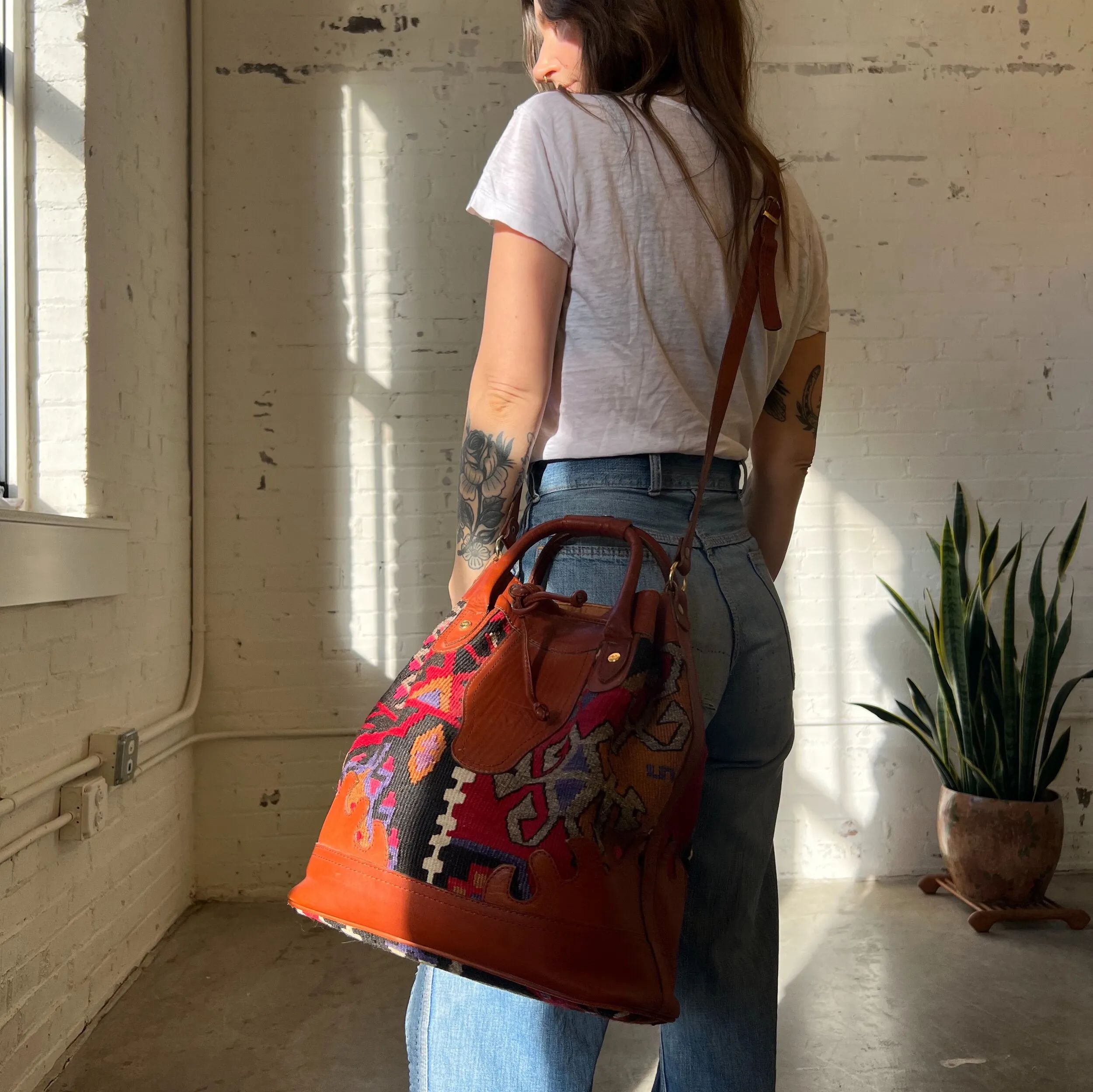 90s Turkish Kilim Wool & Leather Bucket Bag-