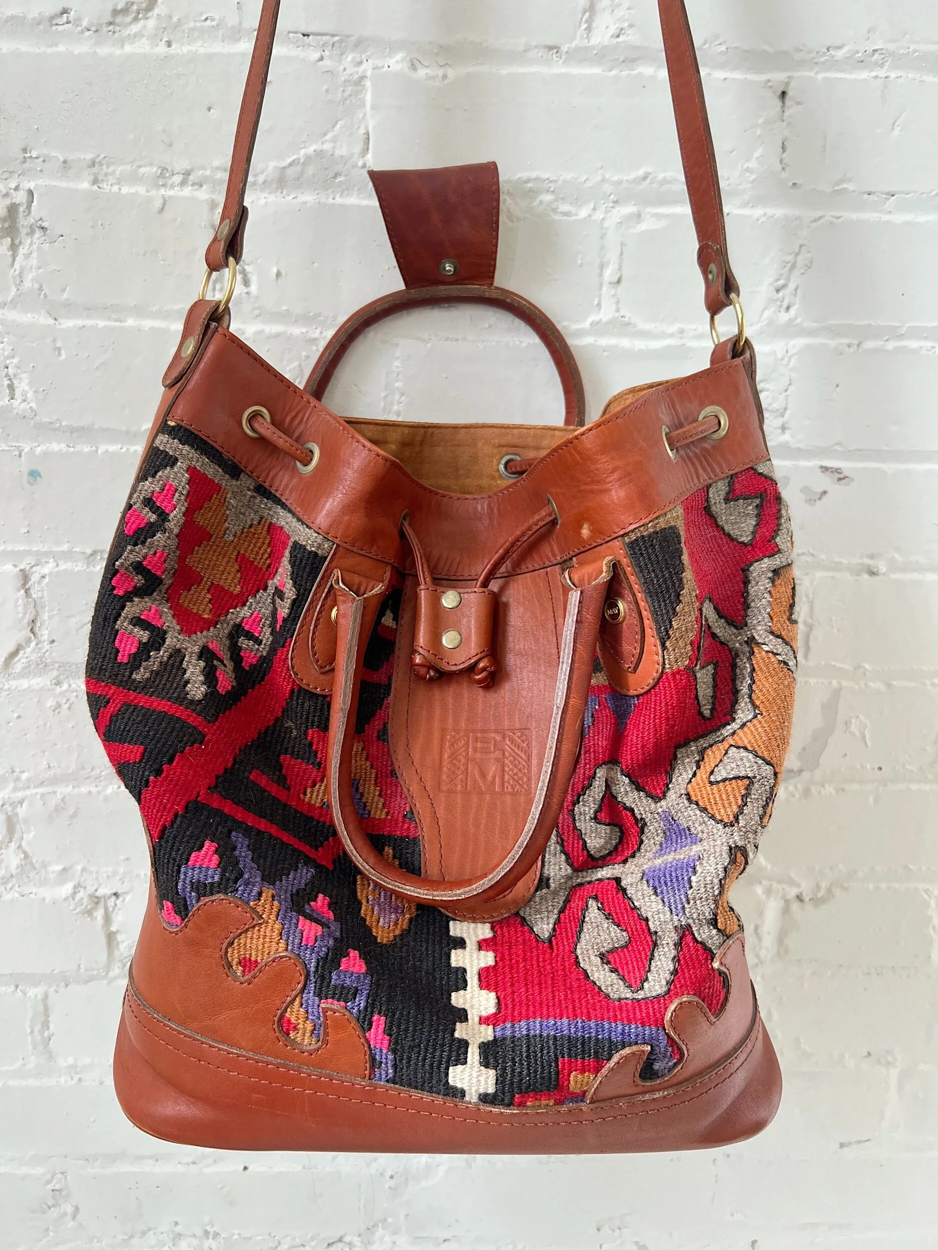 90s Turkish Kilim Wool & Leather Bucket Bag-