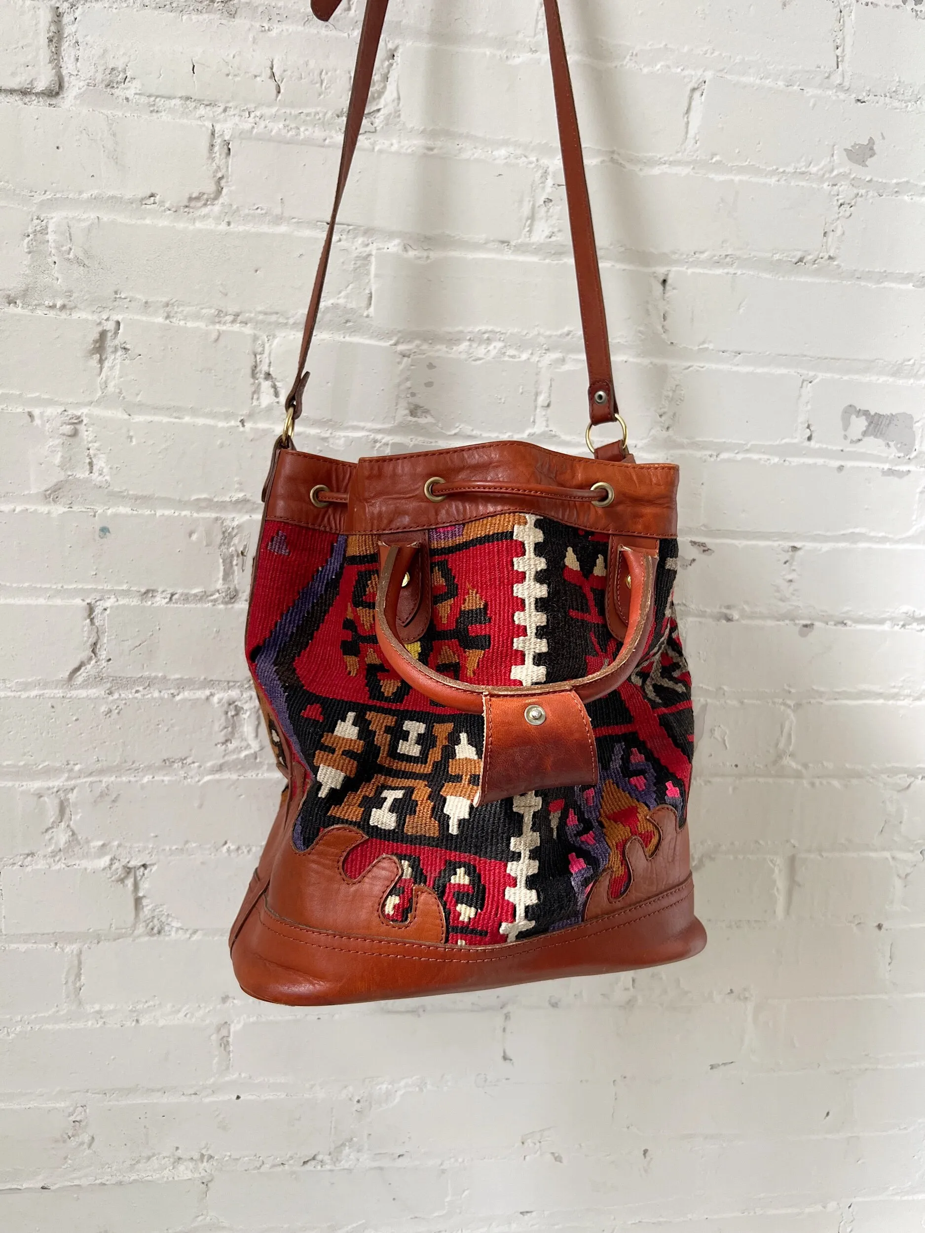 90s Turkish Kilim Wool & Leather Bucket Bag-