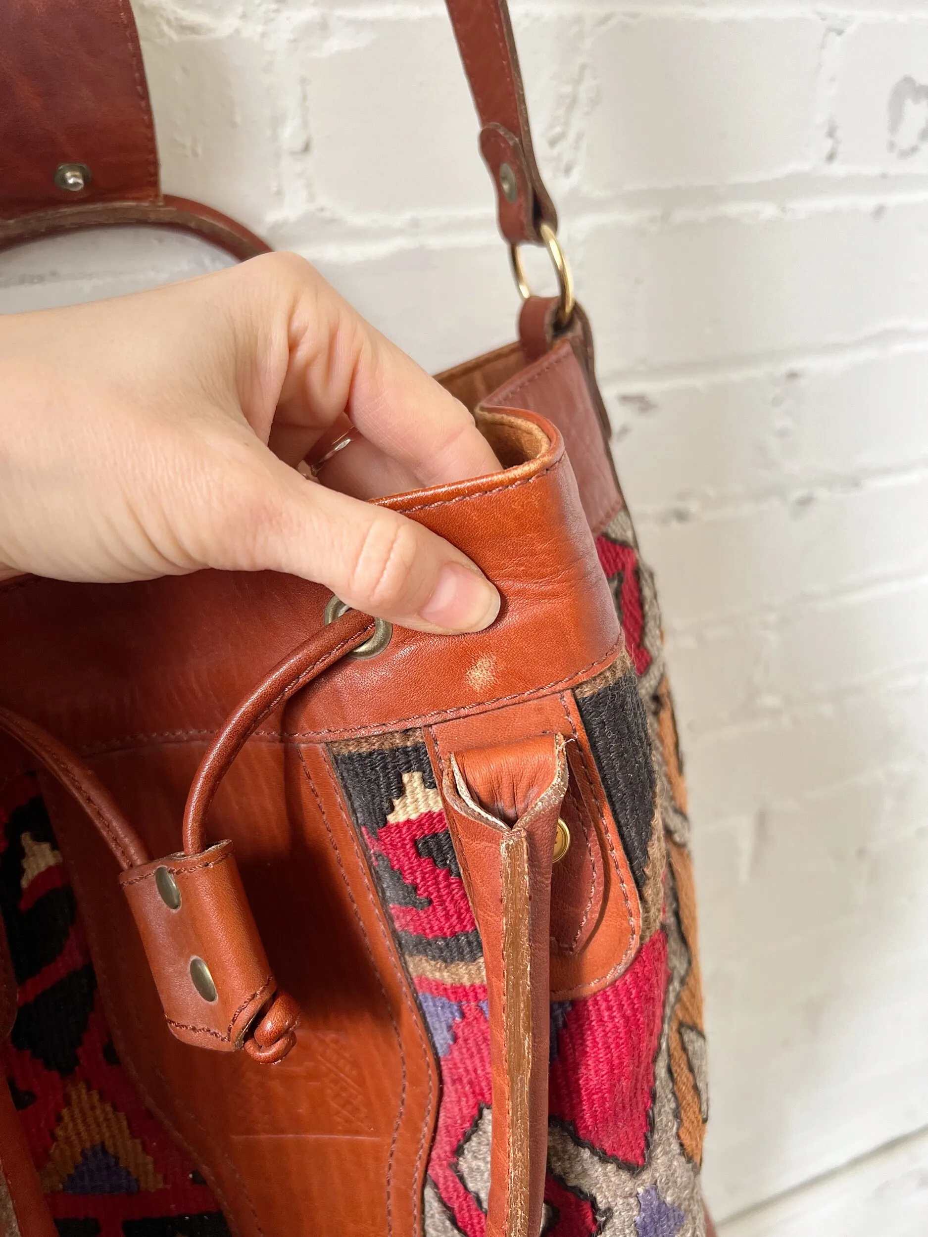 90s Turkish Kilim Wool & Leather Bucket Bag-