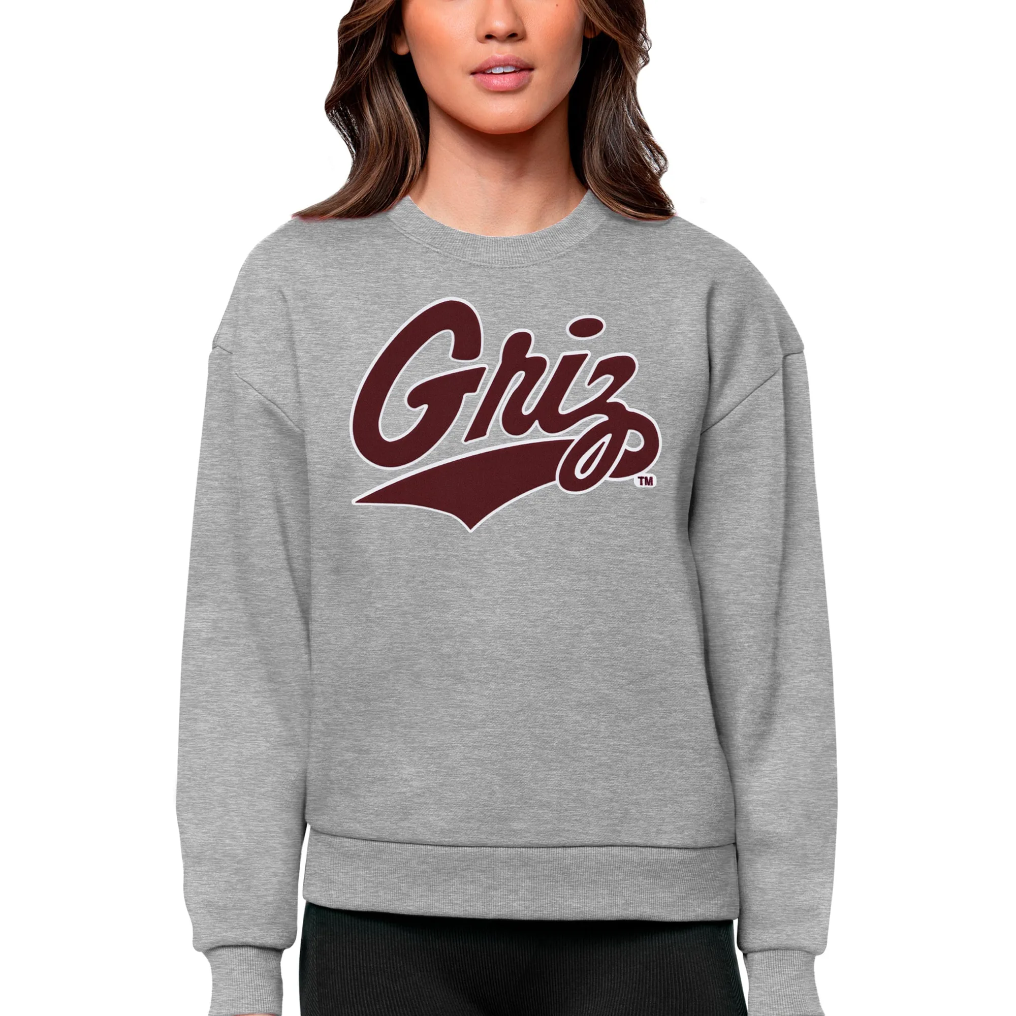 Antigua Montana Grizzlies Women's Heather Gray Victory Crewneck Pullover Sweatshirt