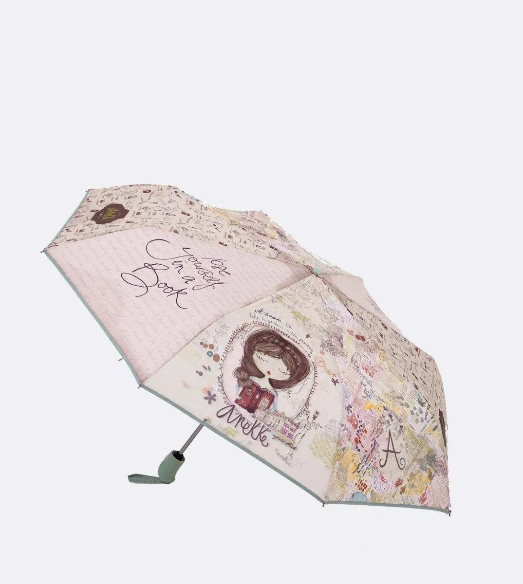 Automatic compact umbrella with book motifs