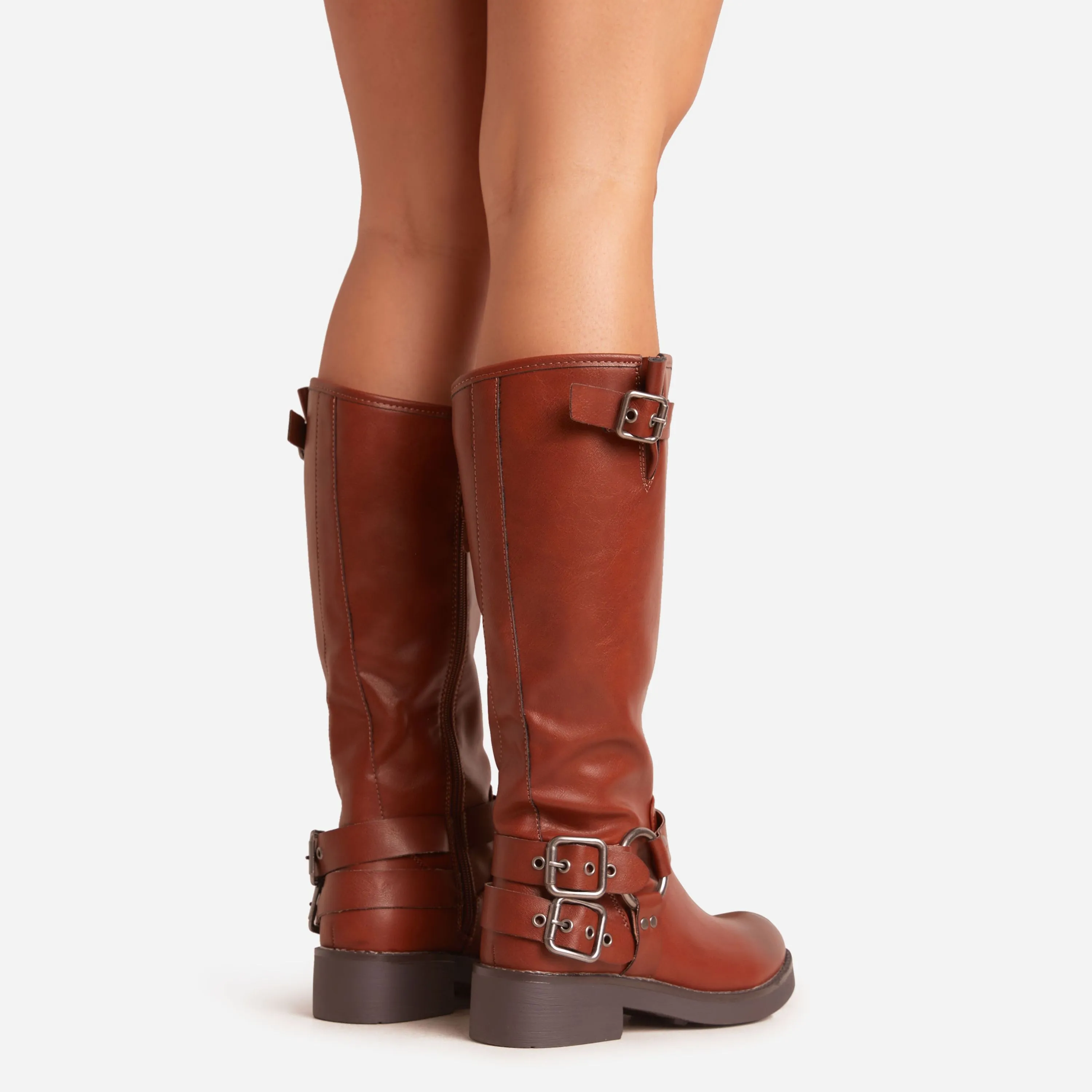 Azura Side Buckle Detail Midi Calf Biker Boot In Brown Faux Leather