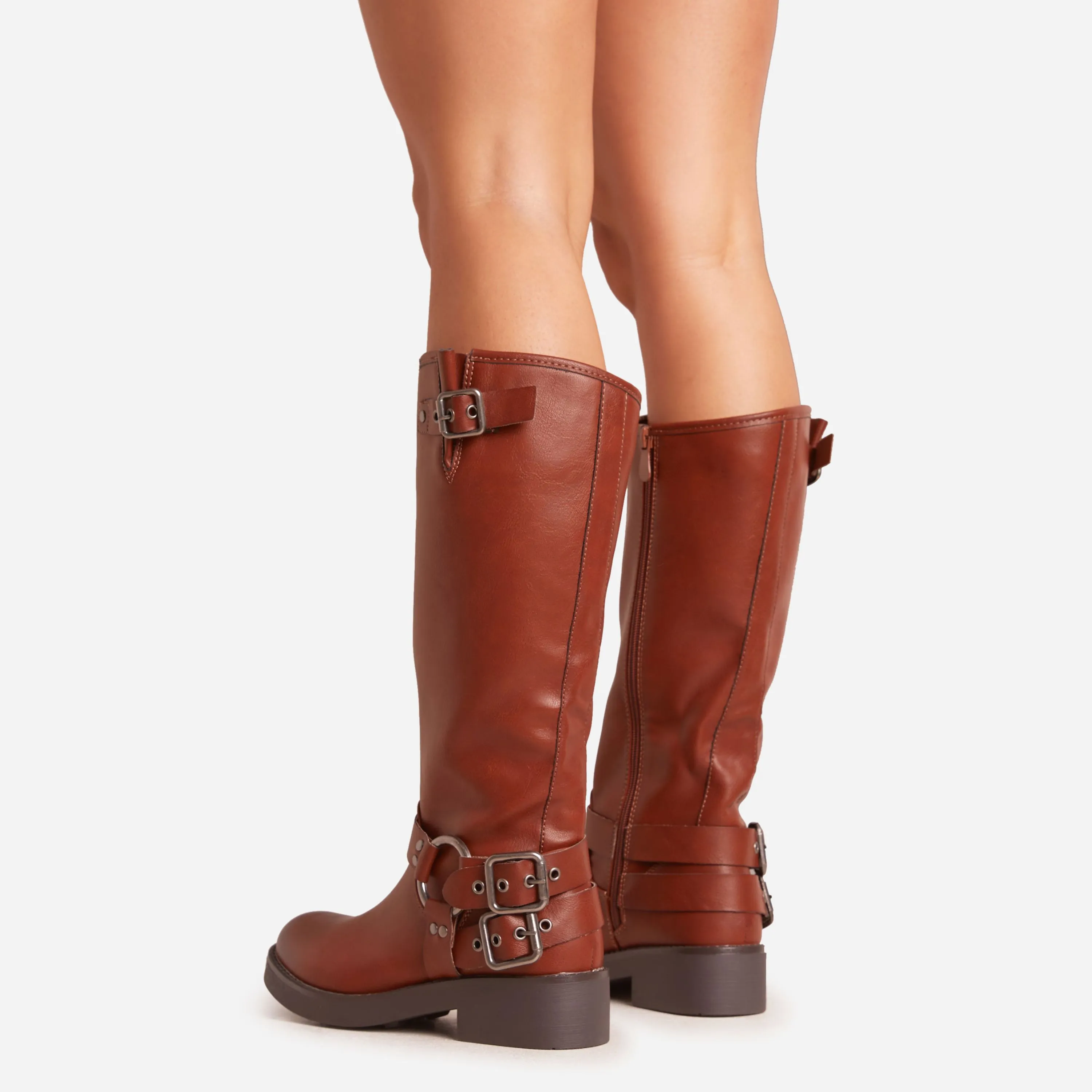 Azura Side Buckle Detail Midi Calf Biker Boot In Brown Faux Leather