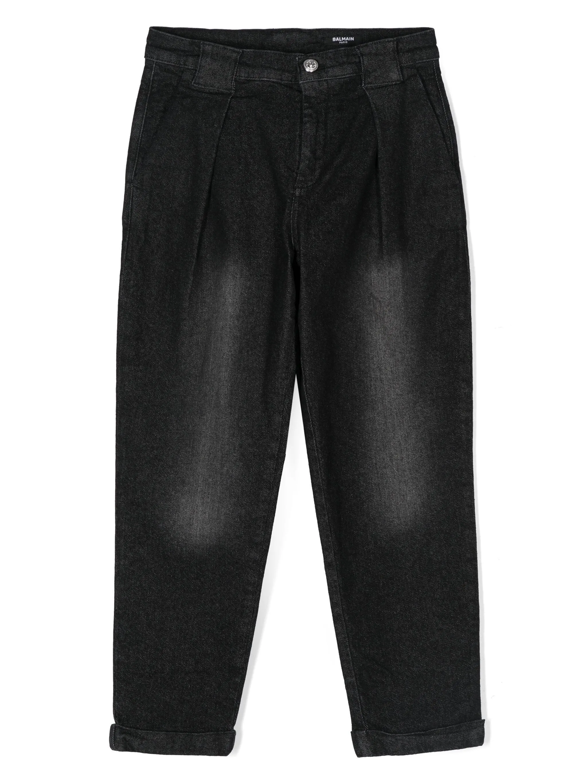 BALMAIN KIDS Black Denim Tapered Jeans with Pleats