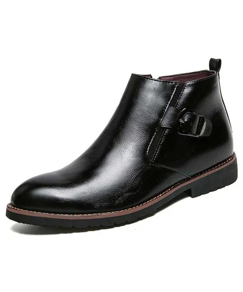 Black buckle slip on dress shoe boot with zip on side