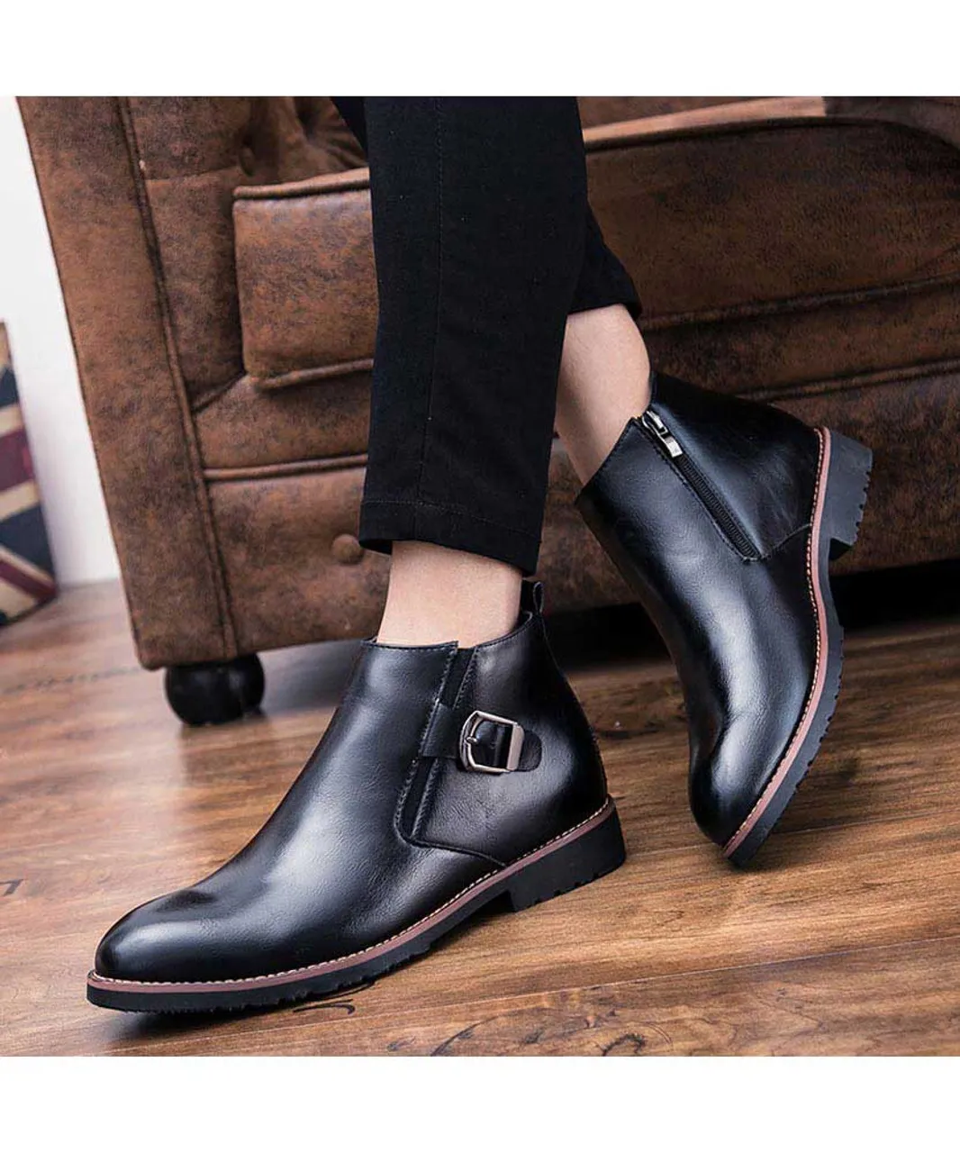 Black buckle slip on dress shoe boot with zip on side