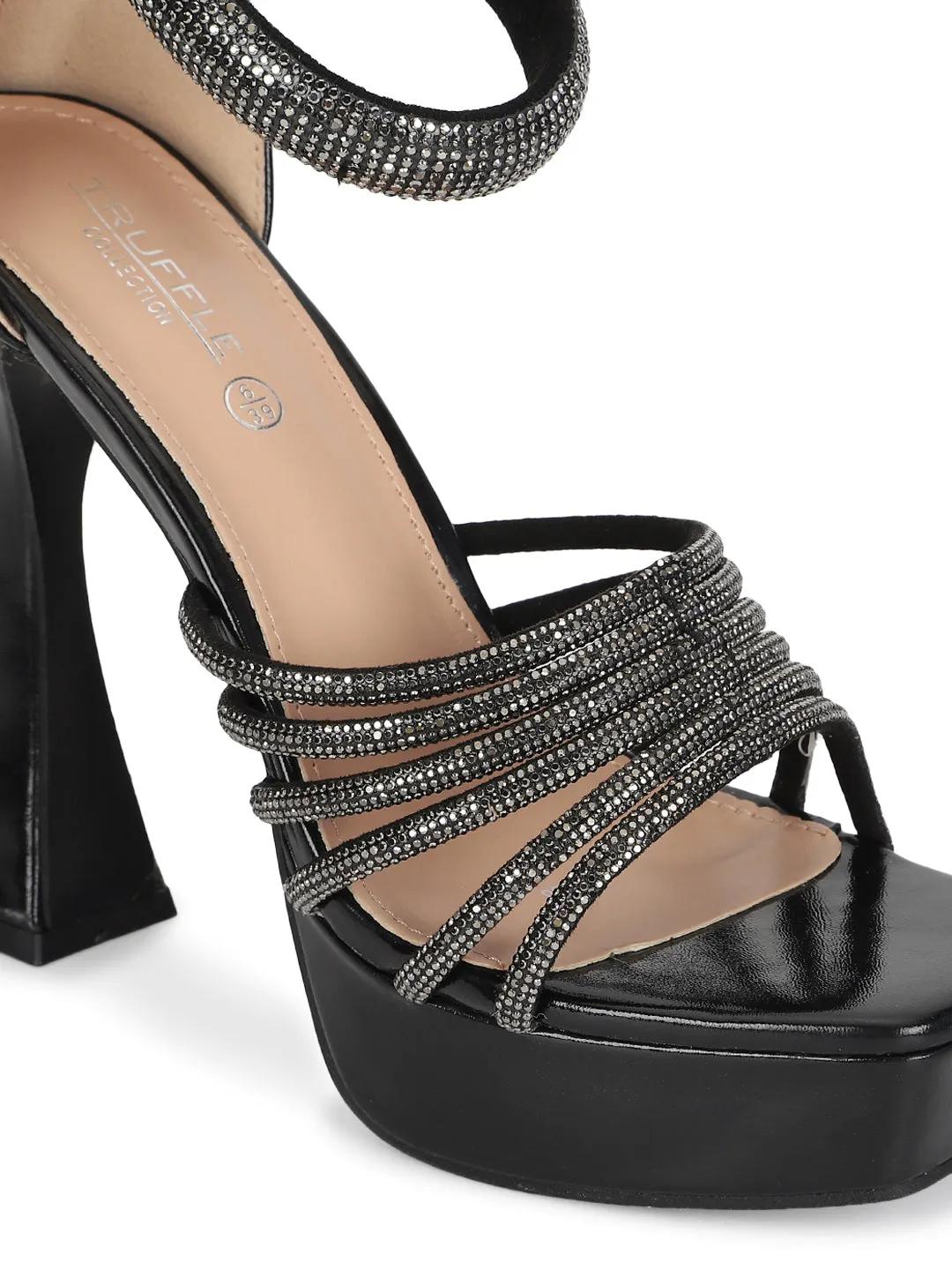 Black Embellished Block High Heel Platform Sandals (TC-RS3606-BLK)