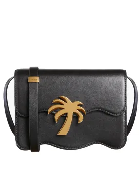 Black Leather Handbag with Metal Closure and Printed Logo by Palm Angels