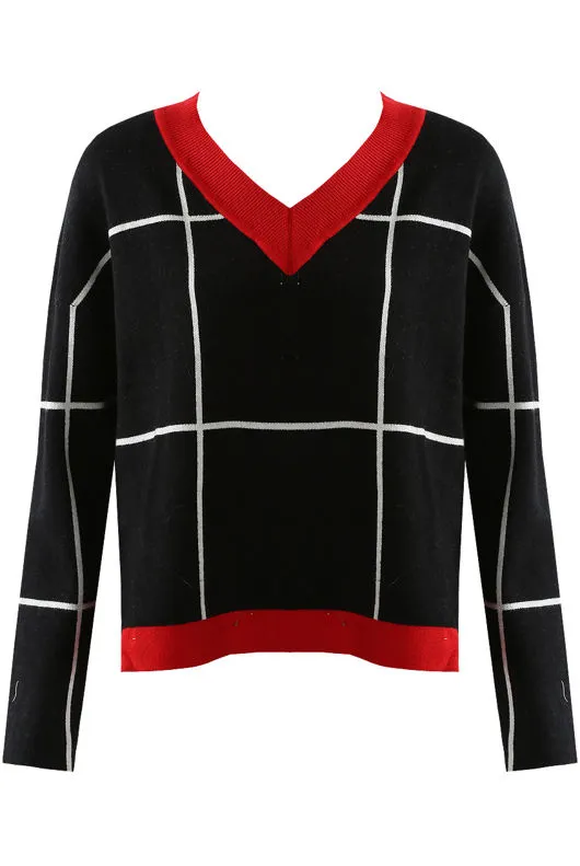 Black V Neck Check Jumper