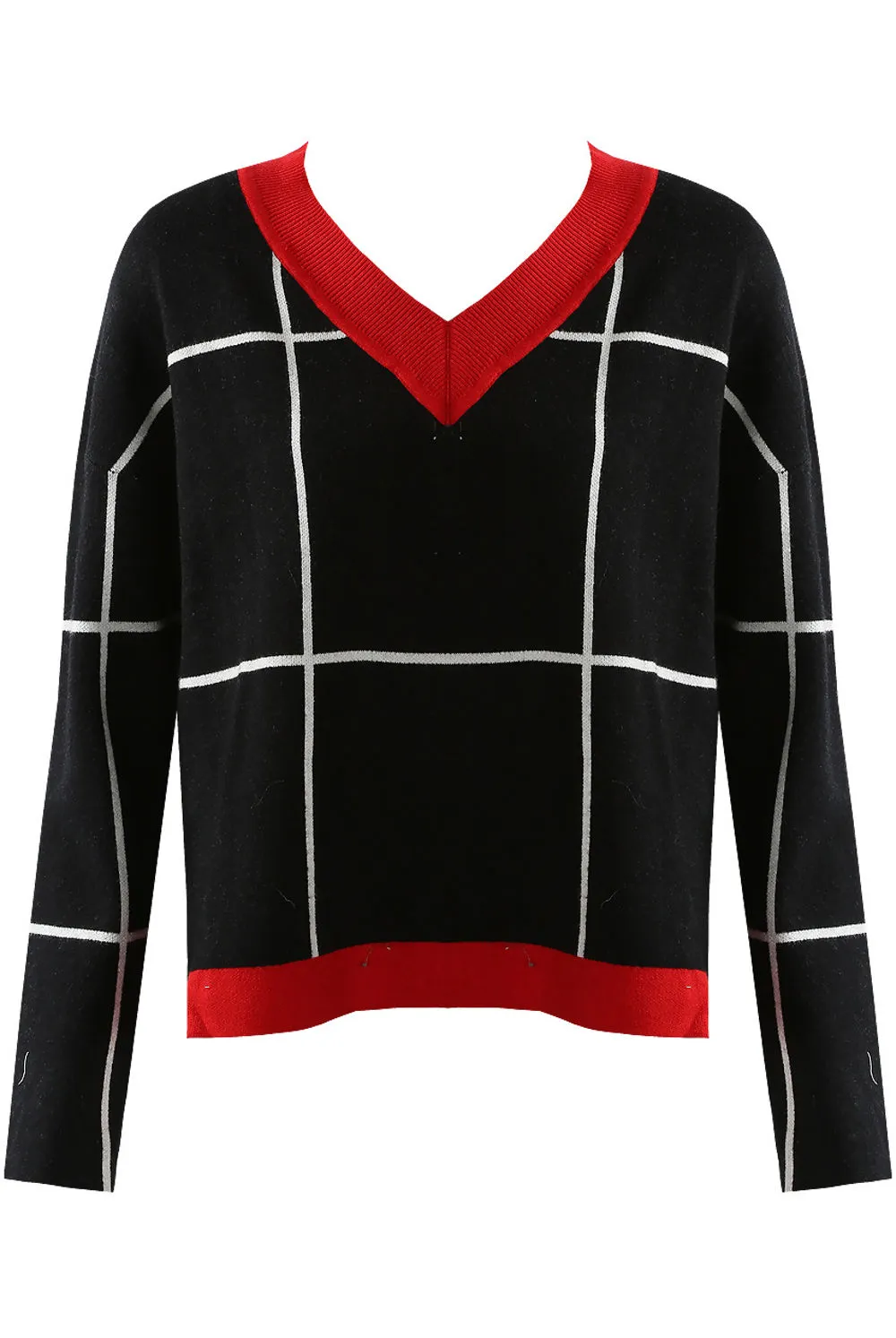 Black V Neck Check Jumper