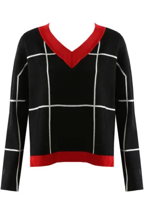 Black V Neck Check Jumper