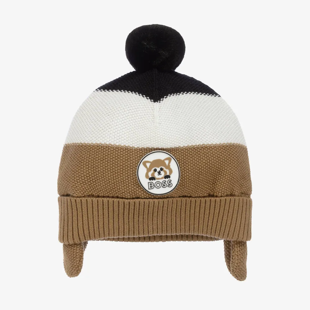 Boys Beige Striped Knit Pom-Pom Hat