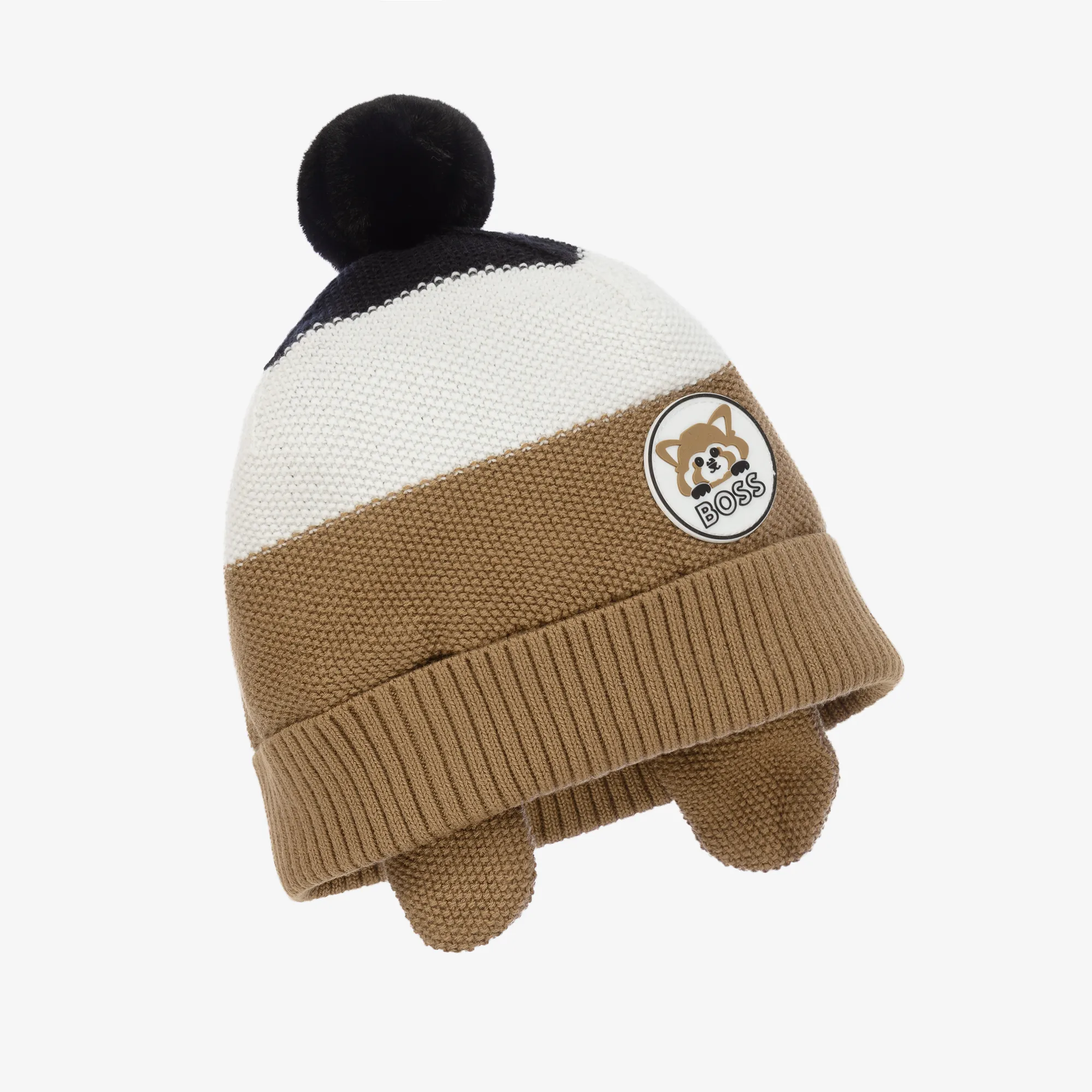 Boys Beige Striped Knit Pom-Pom Hat