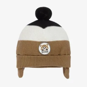 Boys Beige Striped Knit Pom-Pom Hat