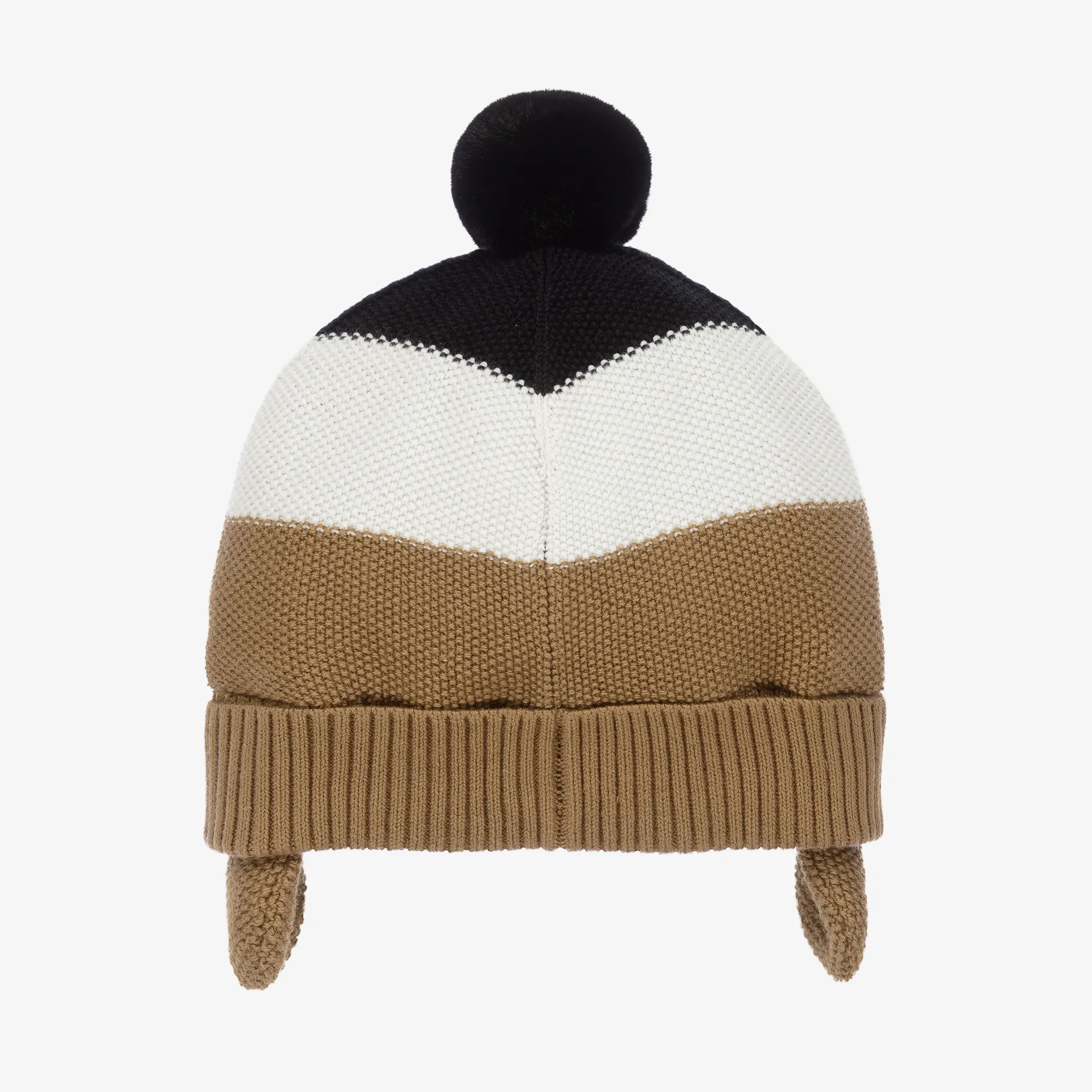 Boys Beige Striped Knit Pom-Pom Hat