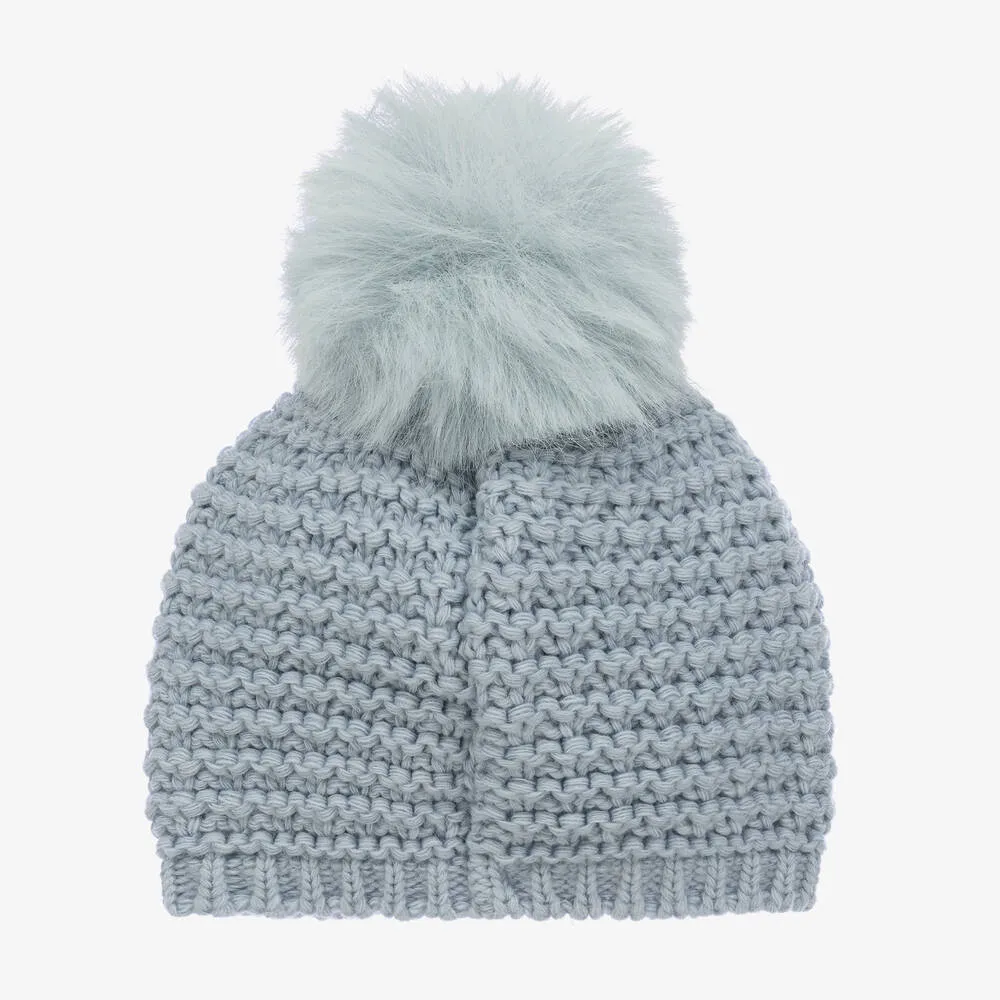 Boys Blue Wool Knit Pom-Pom Hat