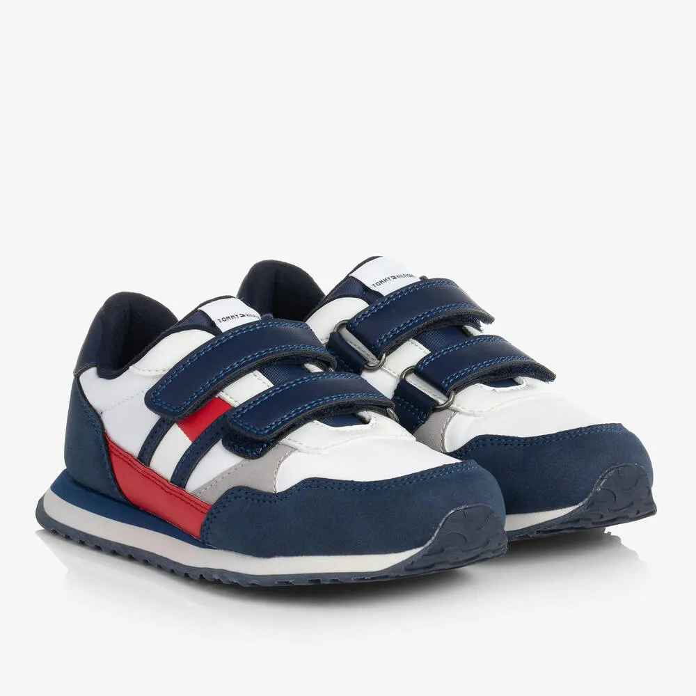 Boys White & Navy Blue Velcro Trainers