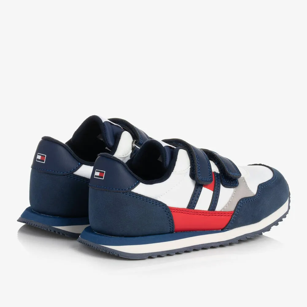 Boys White & Navy Blue Velcro Trainers