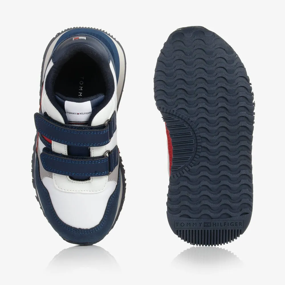 Boys White & Navy Blue Velcro Trainers