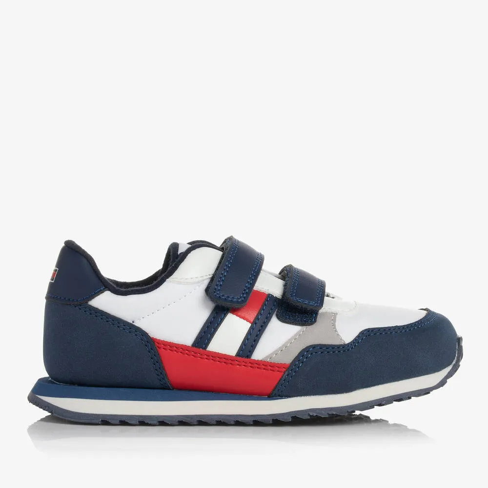 Boys White & Navy Blue Velcro Trainers