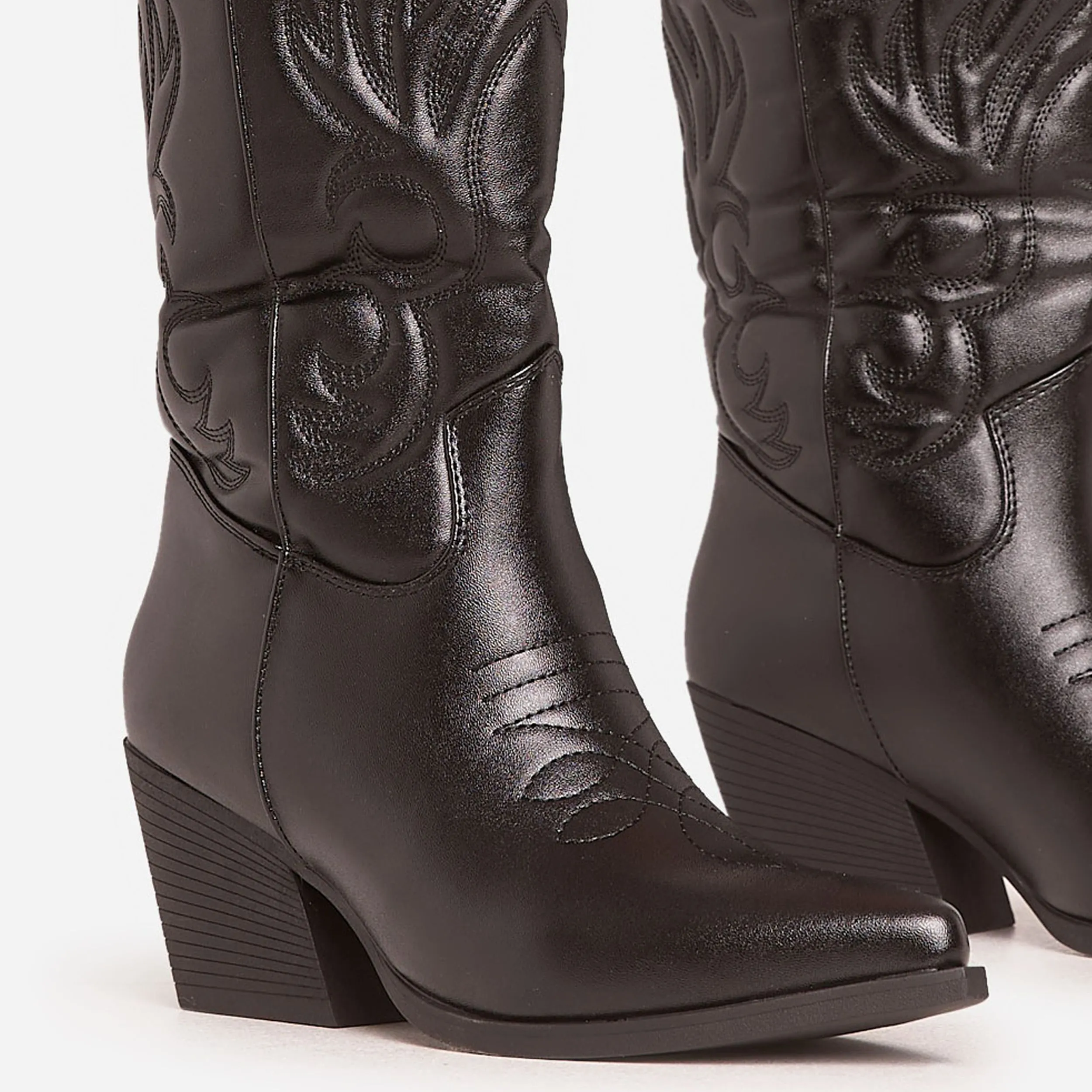 Bryson Embroidered Detail Pointed Toe Mid Calf Western Cowboy Boot In Black Faux Leather