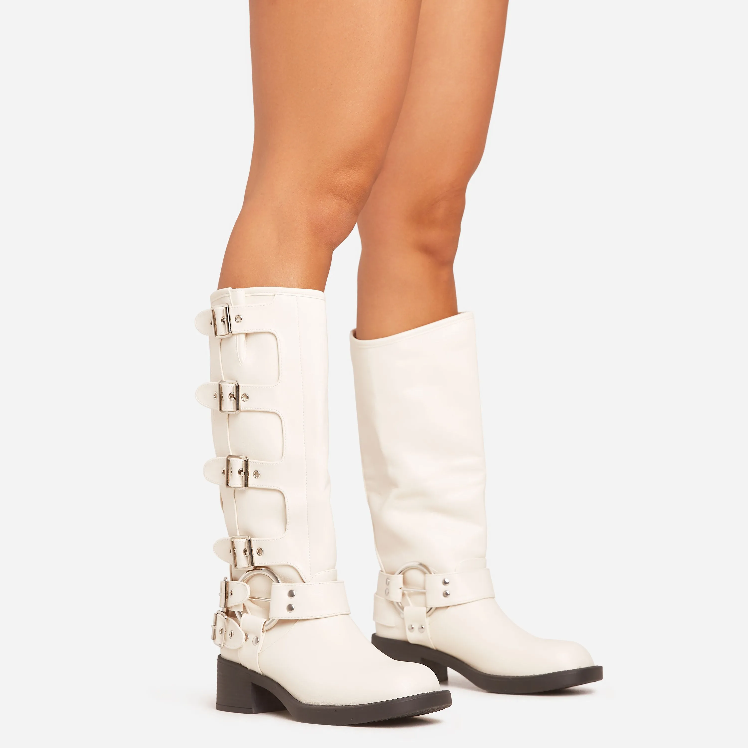 Buckle-Down Side Buckle Detail Mid Calf Biker Boot In Cream Faux Leather