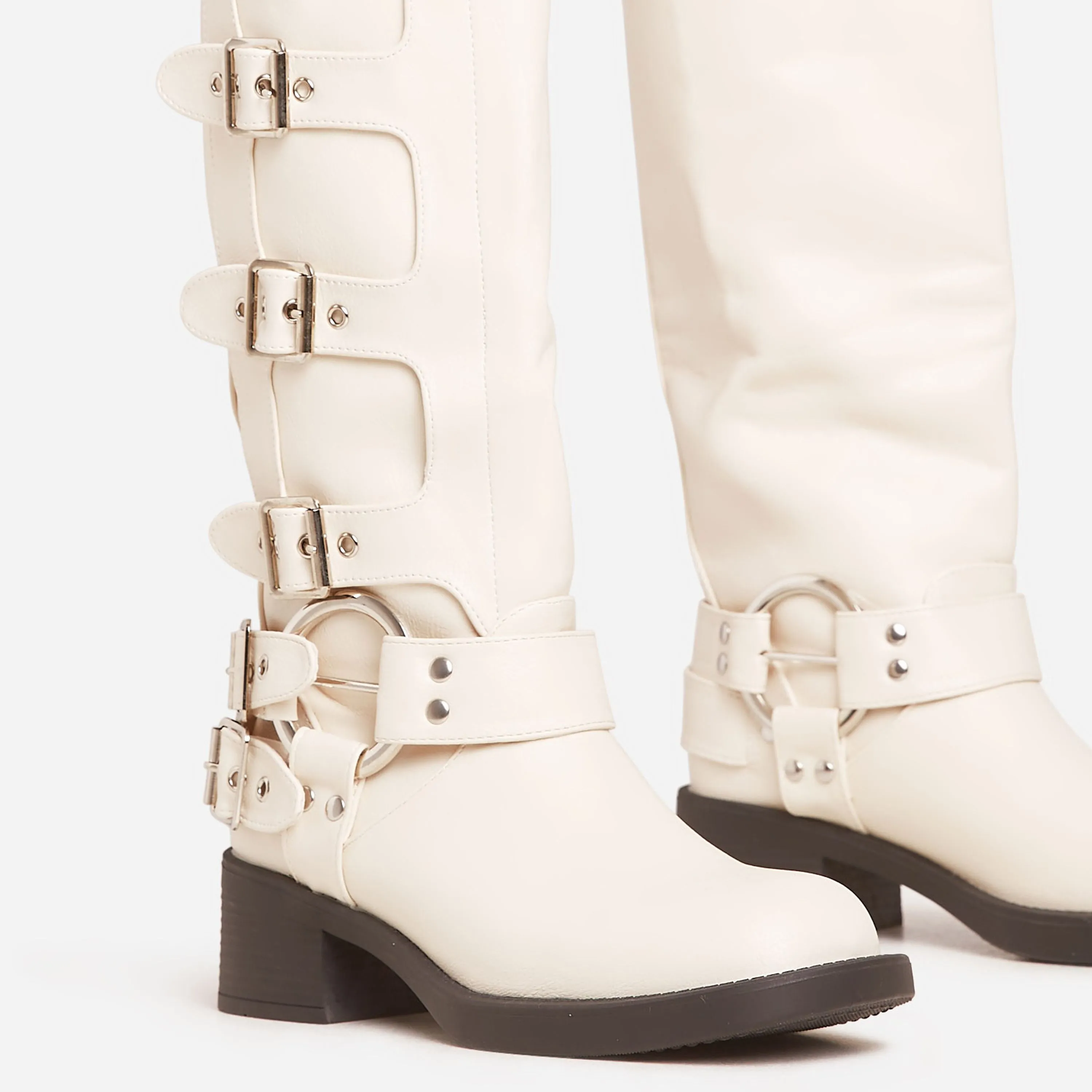 Buckle-Down Side Buckle Detail Mid Calf Biker Boot In Cream Faux Leather