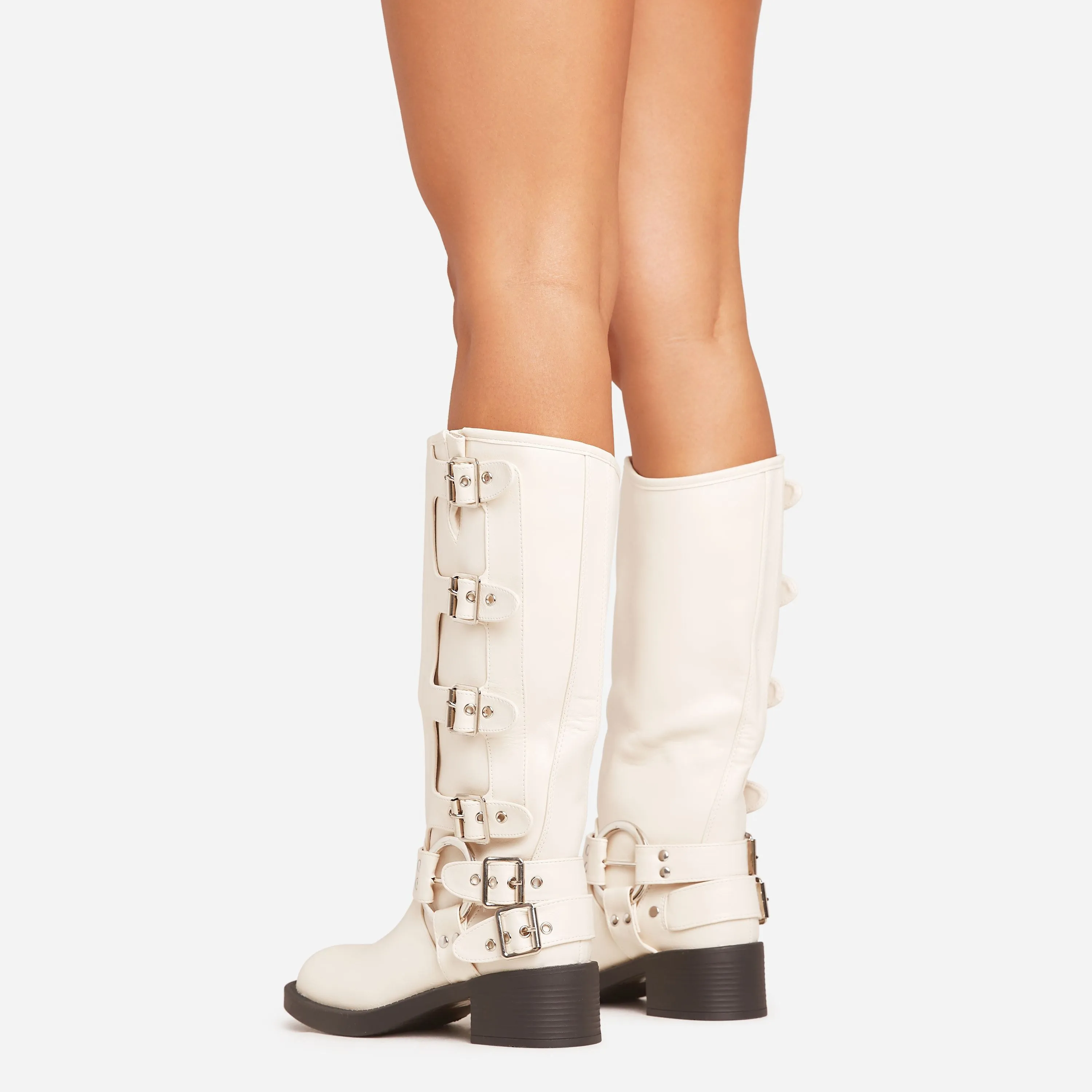 Buckle-Down Side Buckle Detail Mid Calf Biker Boot In Cream Faux Leather