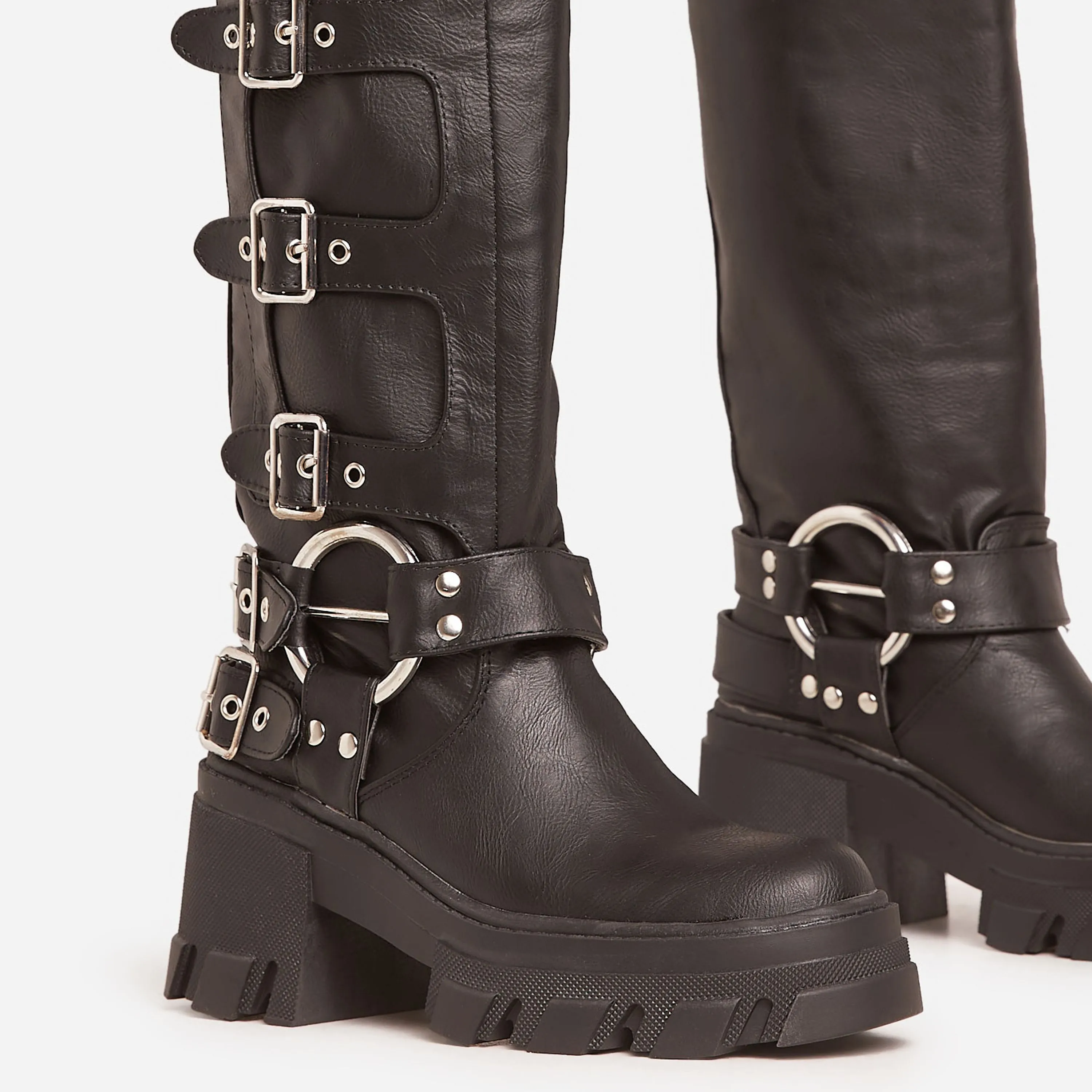 Buckle-Up-Now Side Buckle Detail Chunky Sole Mid Calf Biker Boot In Black Faux Leather