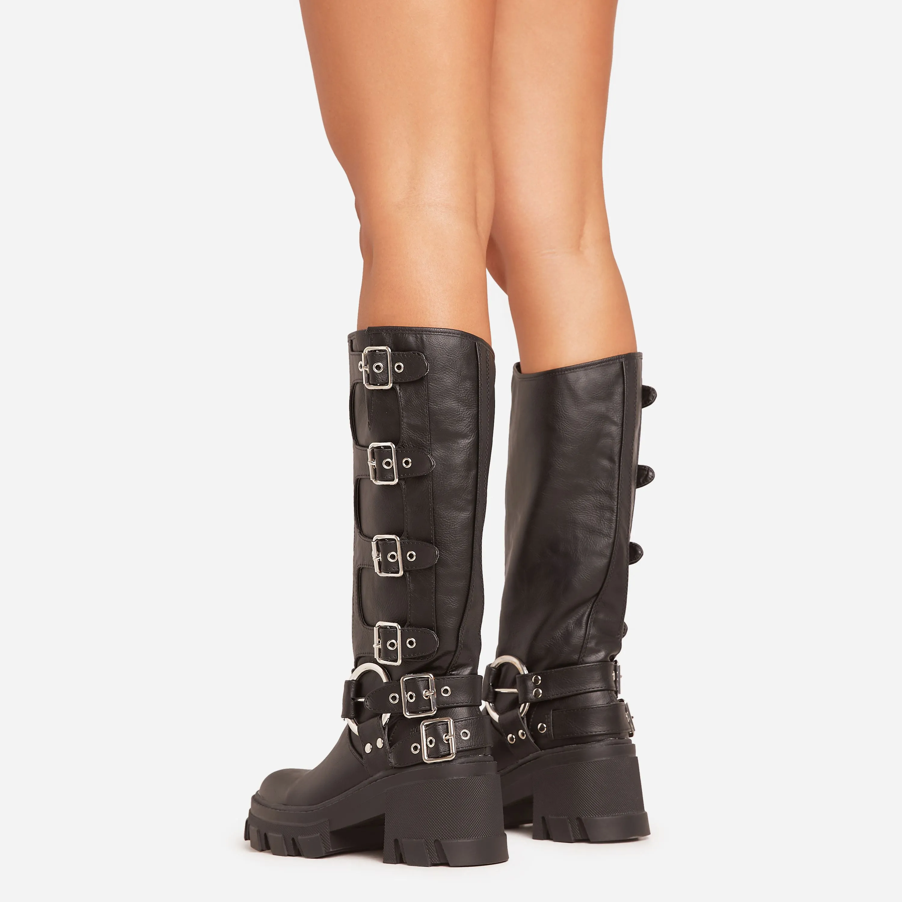 Buckle-Up-Now Side Buckle Detail Chunky Sole Mid Calf Biker Boot In Black Faux Leather