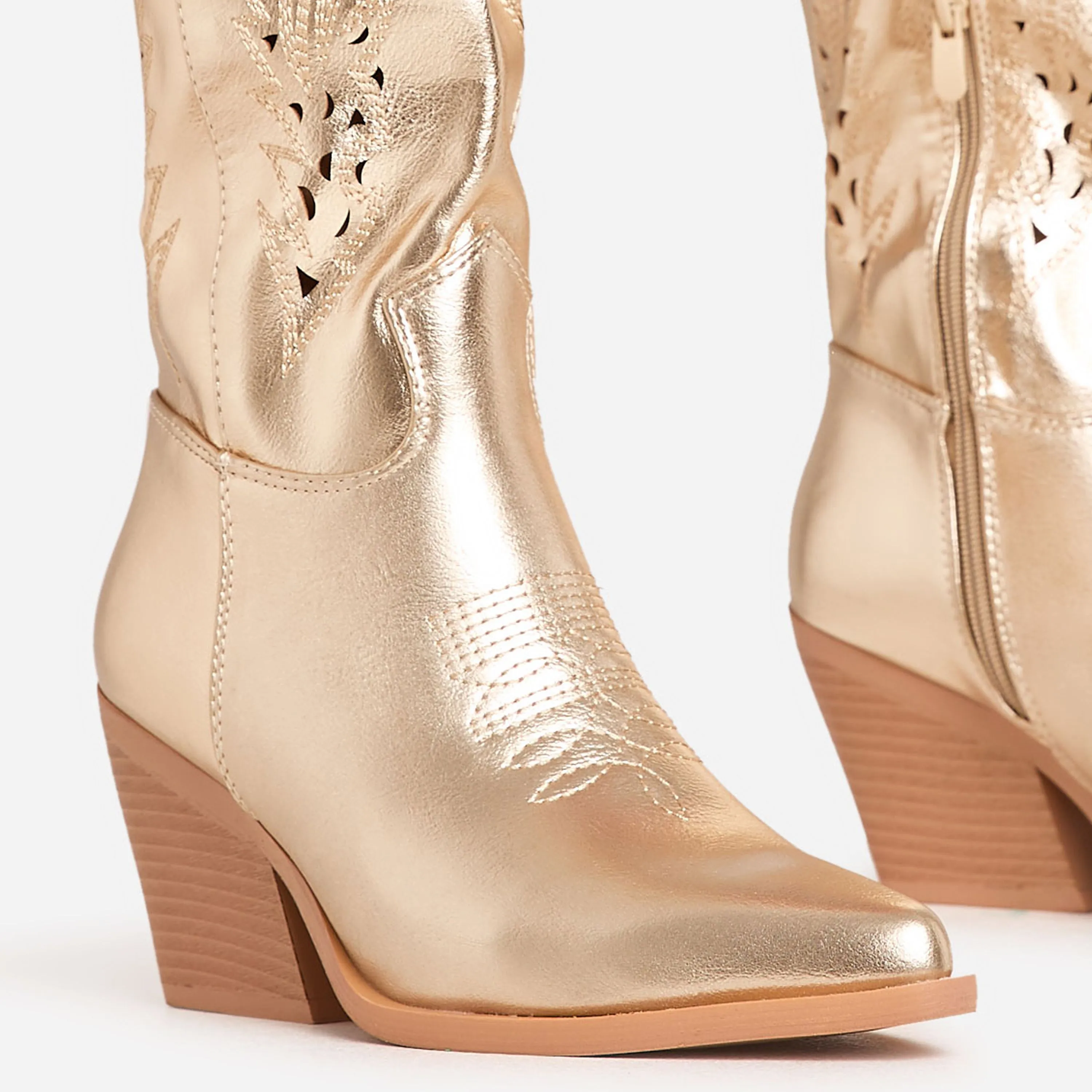 Champion Cut Out Laser Detail Pointed Toe Mid Calf Western Cowboy Boot In Gold Faux Leather