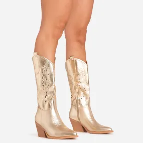 Champion Cut Out Laser Detail Pointed Toe Mid Calf Western Cowboy Boot In Gold Faux Leather