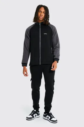 Colour Block Cargo Funnel Neck Tracksuit | boohooMAN UK