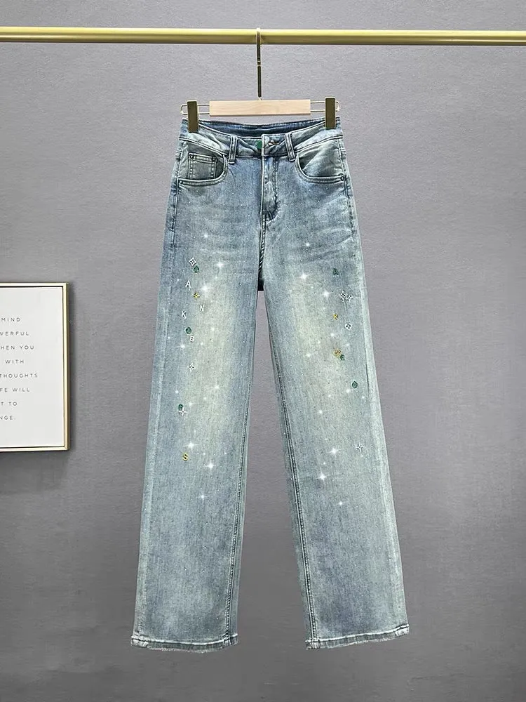 Denim straight trousers for women 2024 new spring and summer high-waisted loose slimming versatile hot diamond narrow version fl