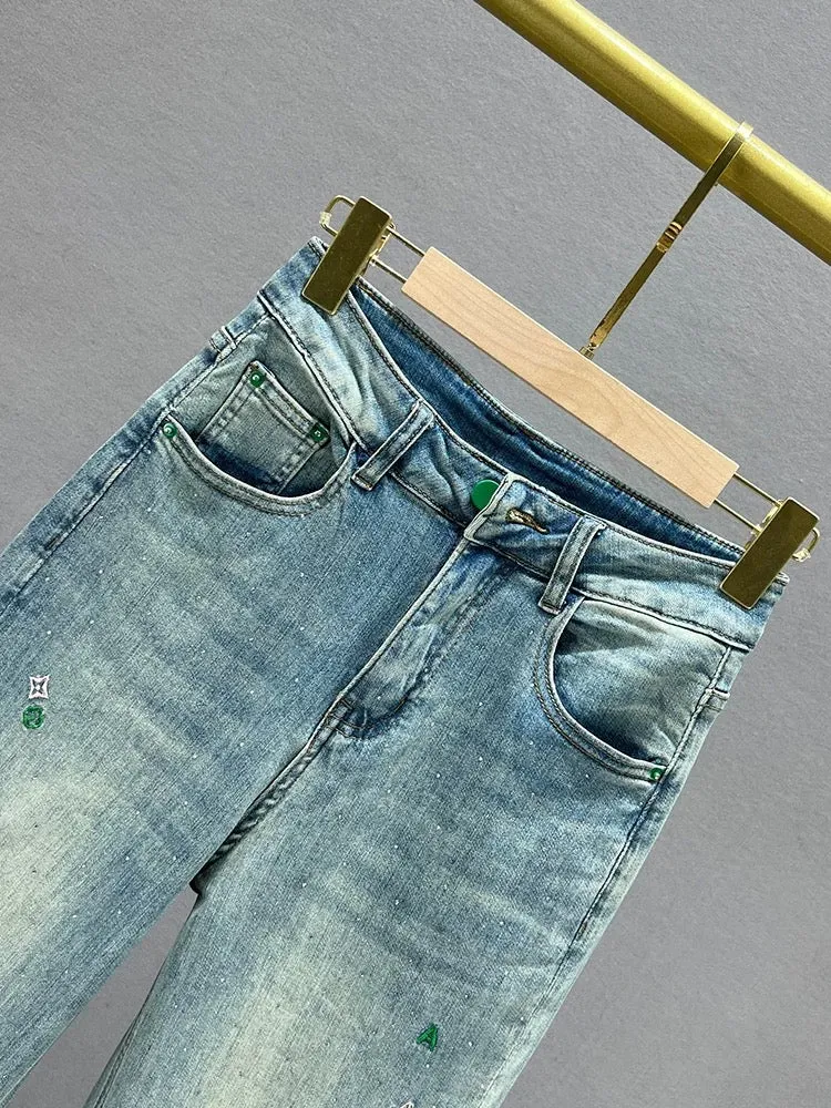 Denim straight trousers for women 2024 new spring and summer high-waisted loose slimming versatile hot diamond narrow version fl