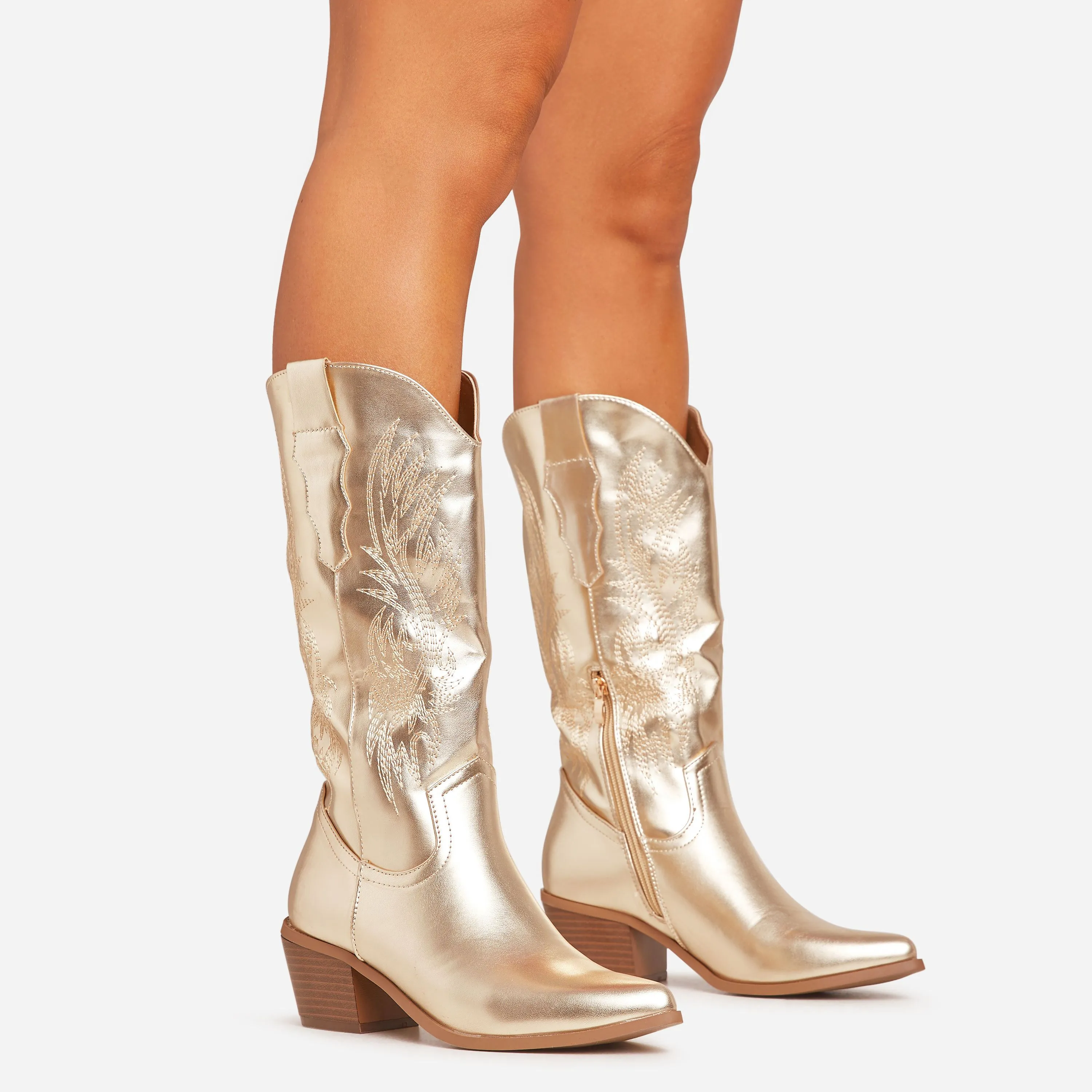 Eclipse Embroidered Detail Pointed Toe Mid Calf Western Cowboy Boot In Gold Faux Leather