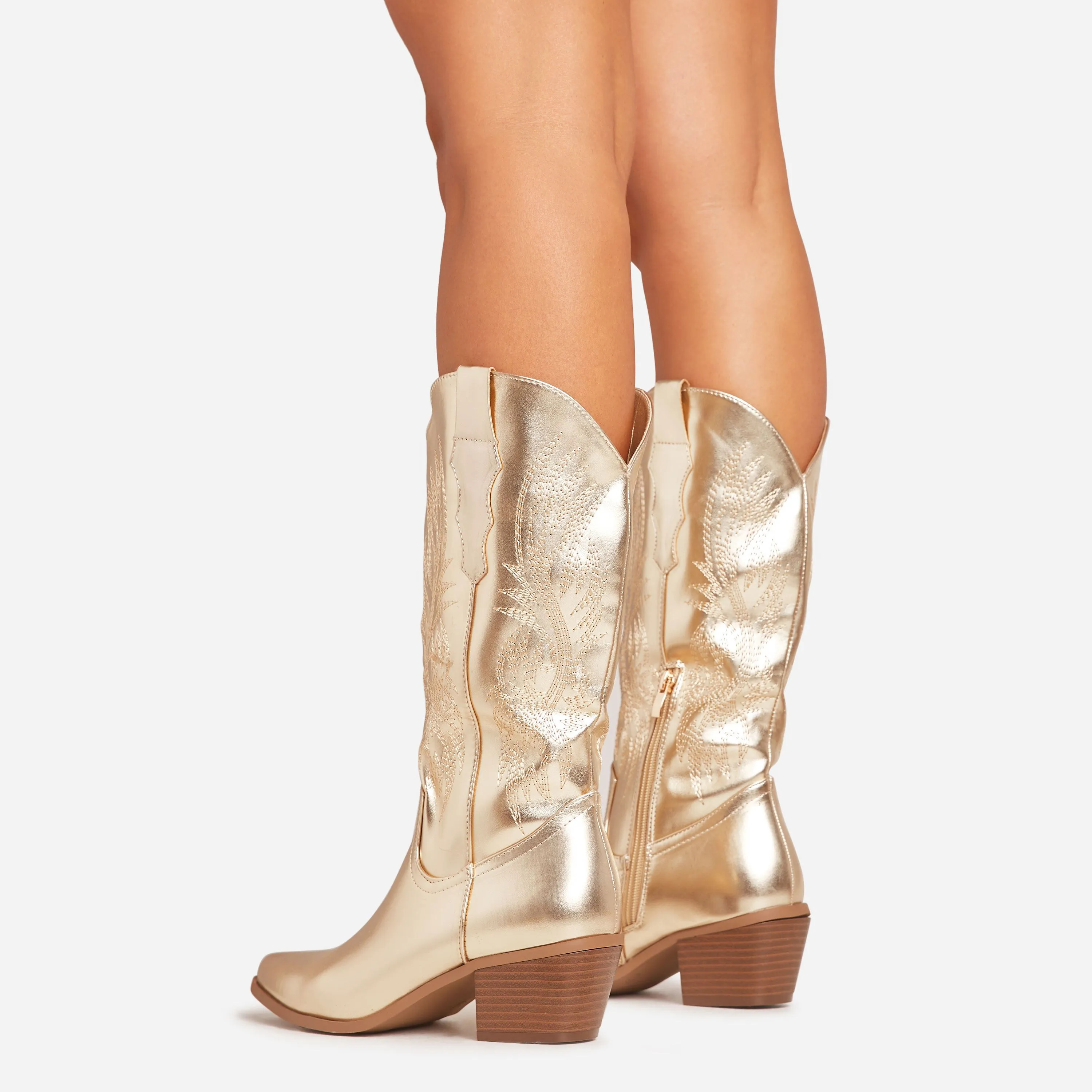 Eclipse Embroidered Detail Pointed Toe Mid Calf Western Cowboy Boot In Gold Faux Leather