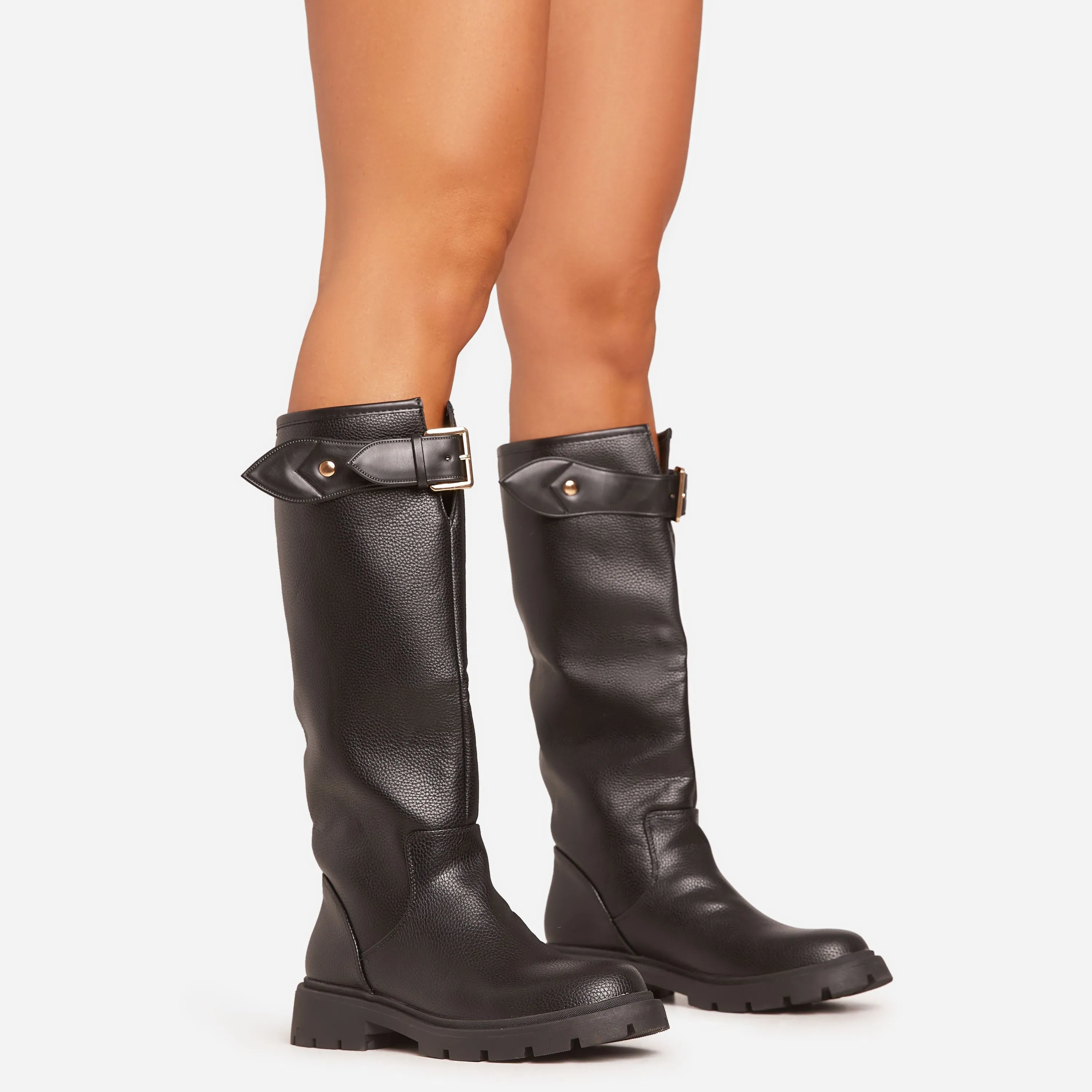 Ethyl Buckle Detail Mid Calf Wellington Style Boot In Black Faux Leather