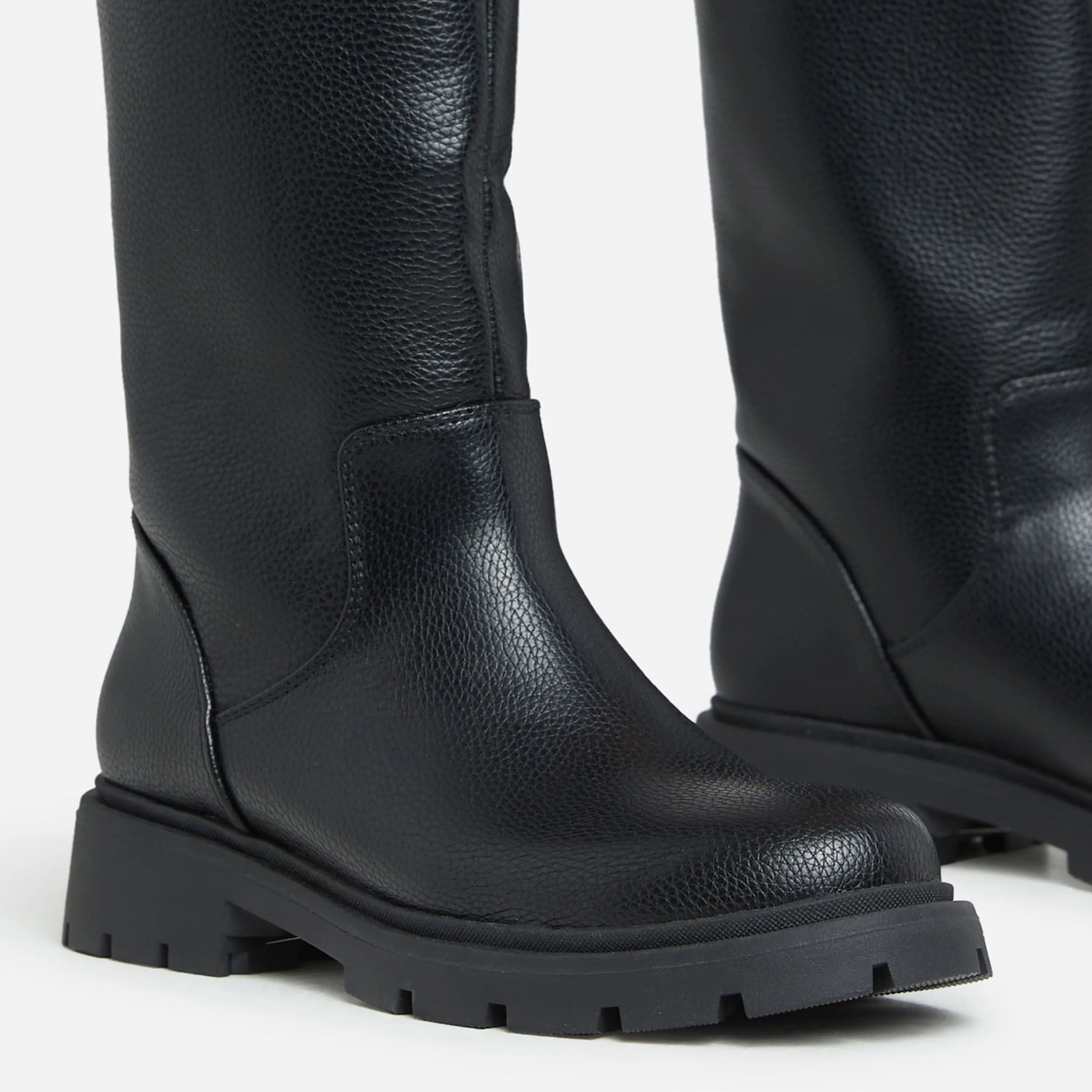 Ethyl Buckle Detail Mid Calf Wellington Style Boot In Black Faux Leather