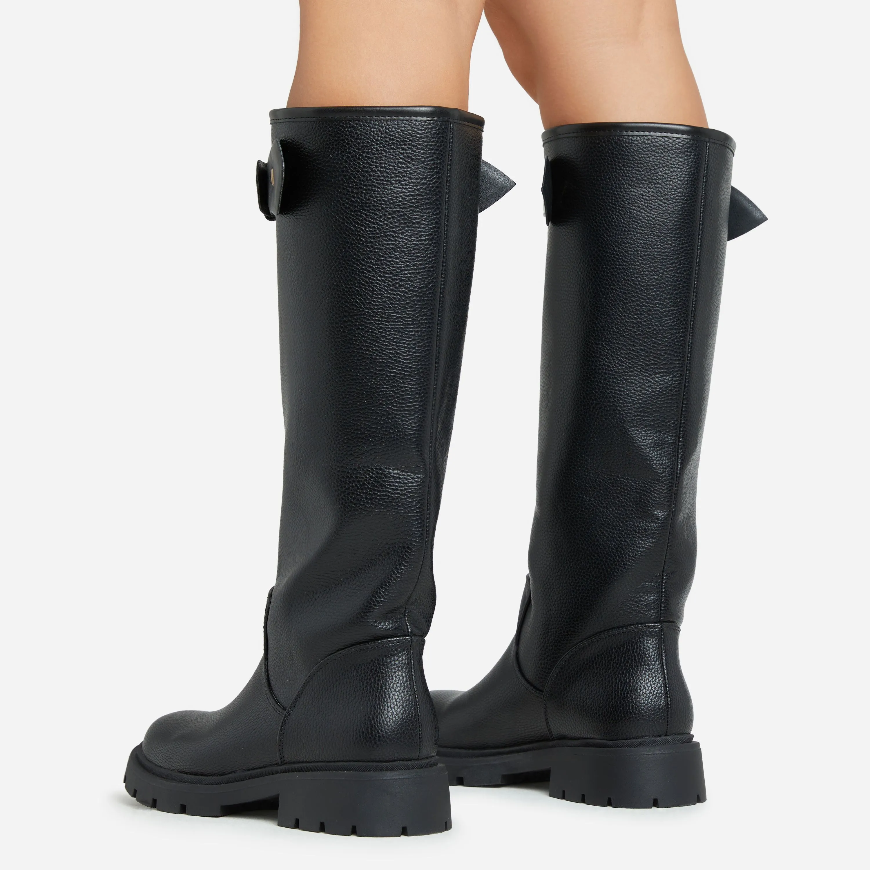 Ethyl Buckle Detail Mid Calf Wellington Style Boot In Black Faux Leather