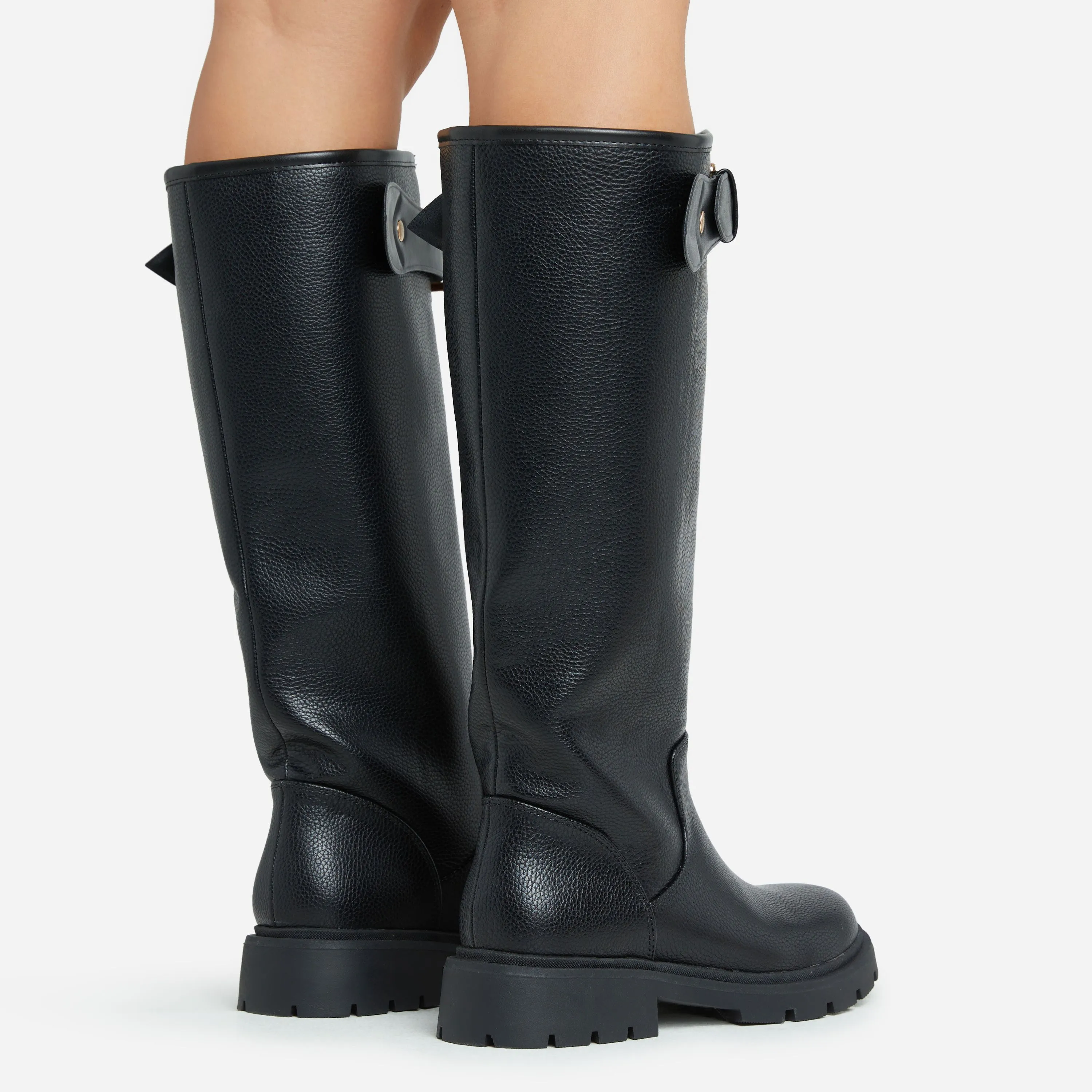 Ethyl Buckle Detail Mid Calf Wellington Style Boot In Black Faux Leather