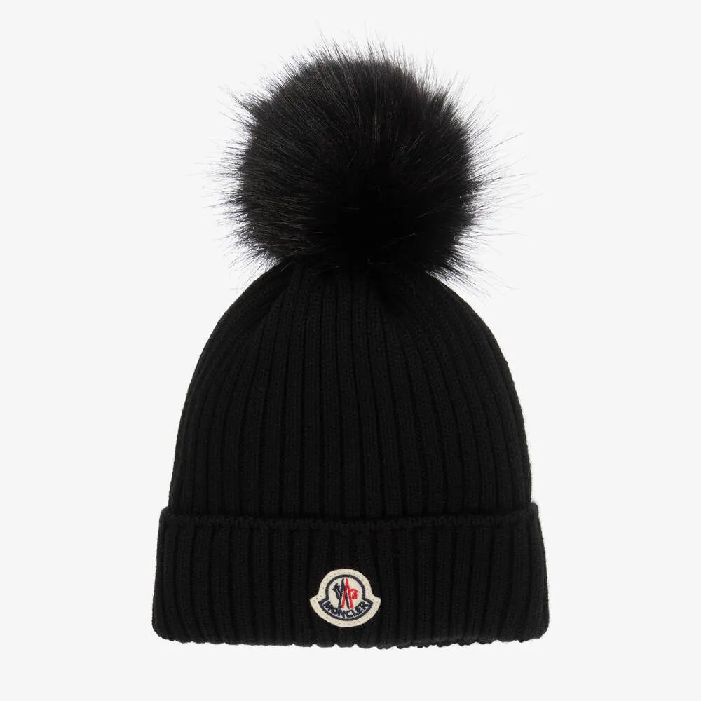 Girls Black Wool Pom-Pom Hat